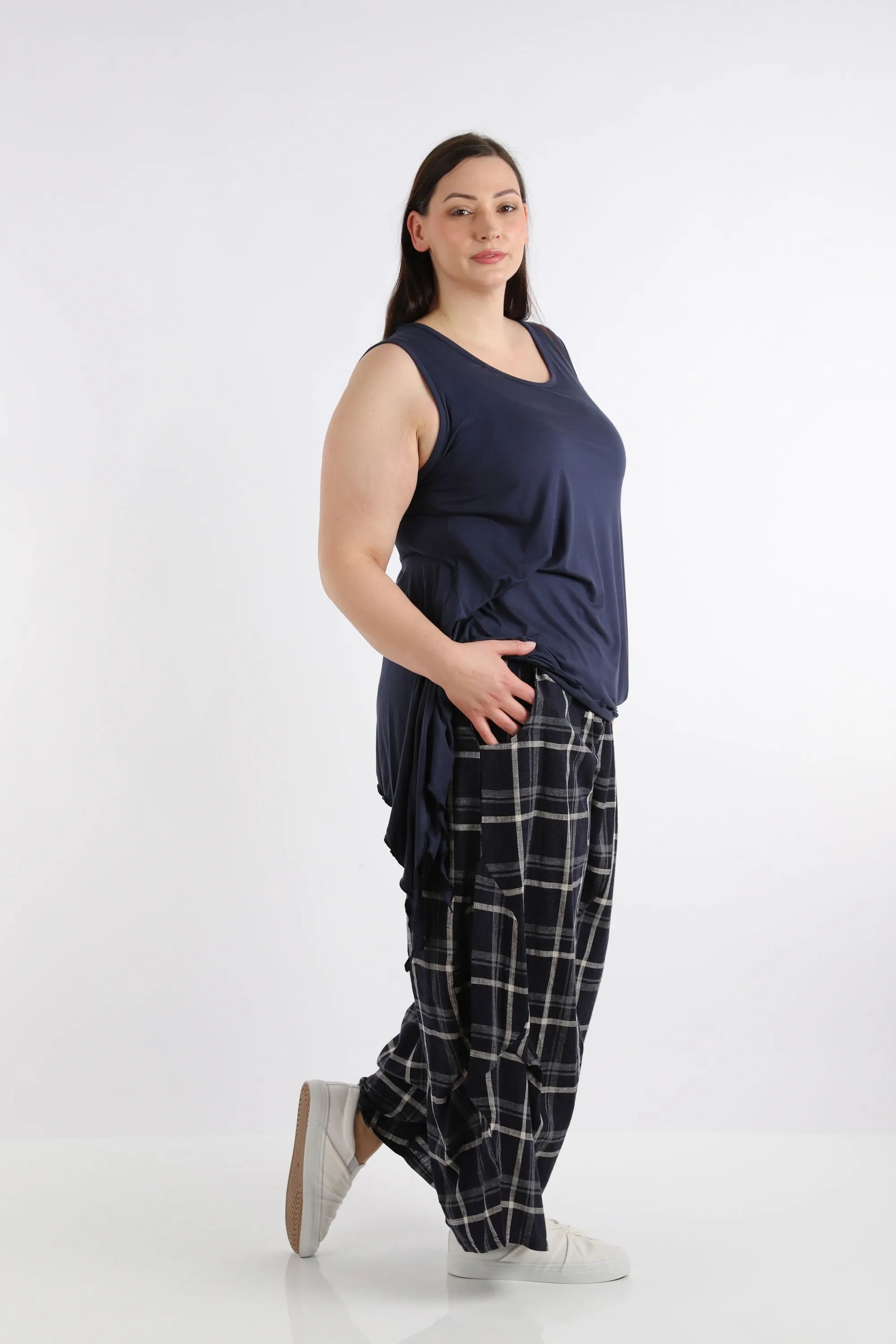  Luftige Ballonhose in Karomuster aus hochwertigem Leinen im angesagten Lagenlook für Plus Size