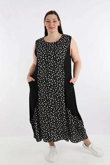  Lagenlook Ballonkleid mit Schwarz-Weiß-Punkten und ärmellosem Rundhalsausschnitt für Plus-Size