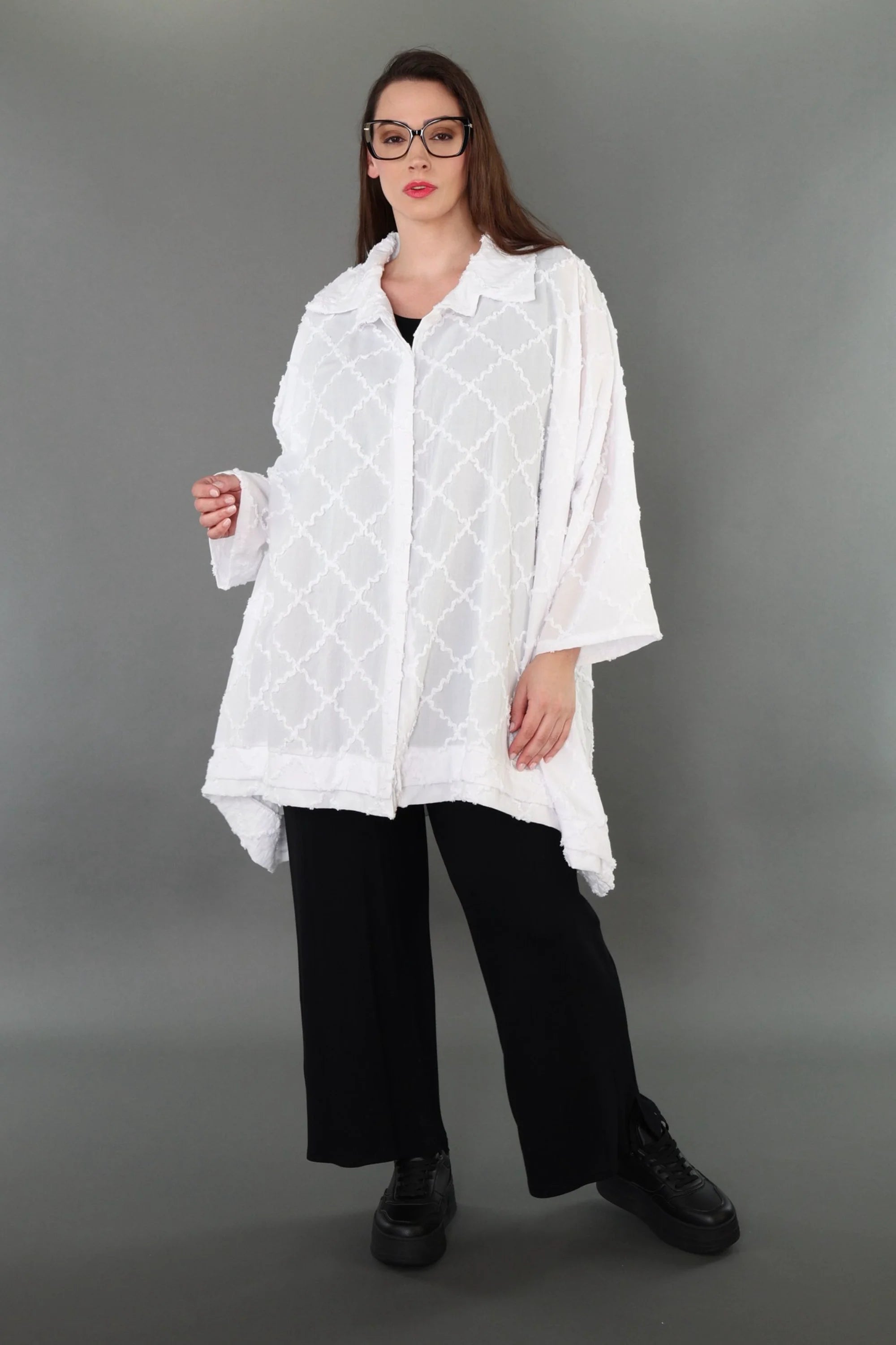  A-Form Bluse von AKH Premium aus Baumwolle, P1004.7110, Weiß, Raute, Ausgefallen, Zeitlos