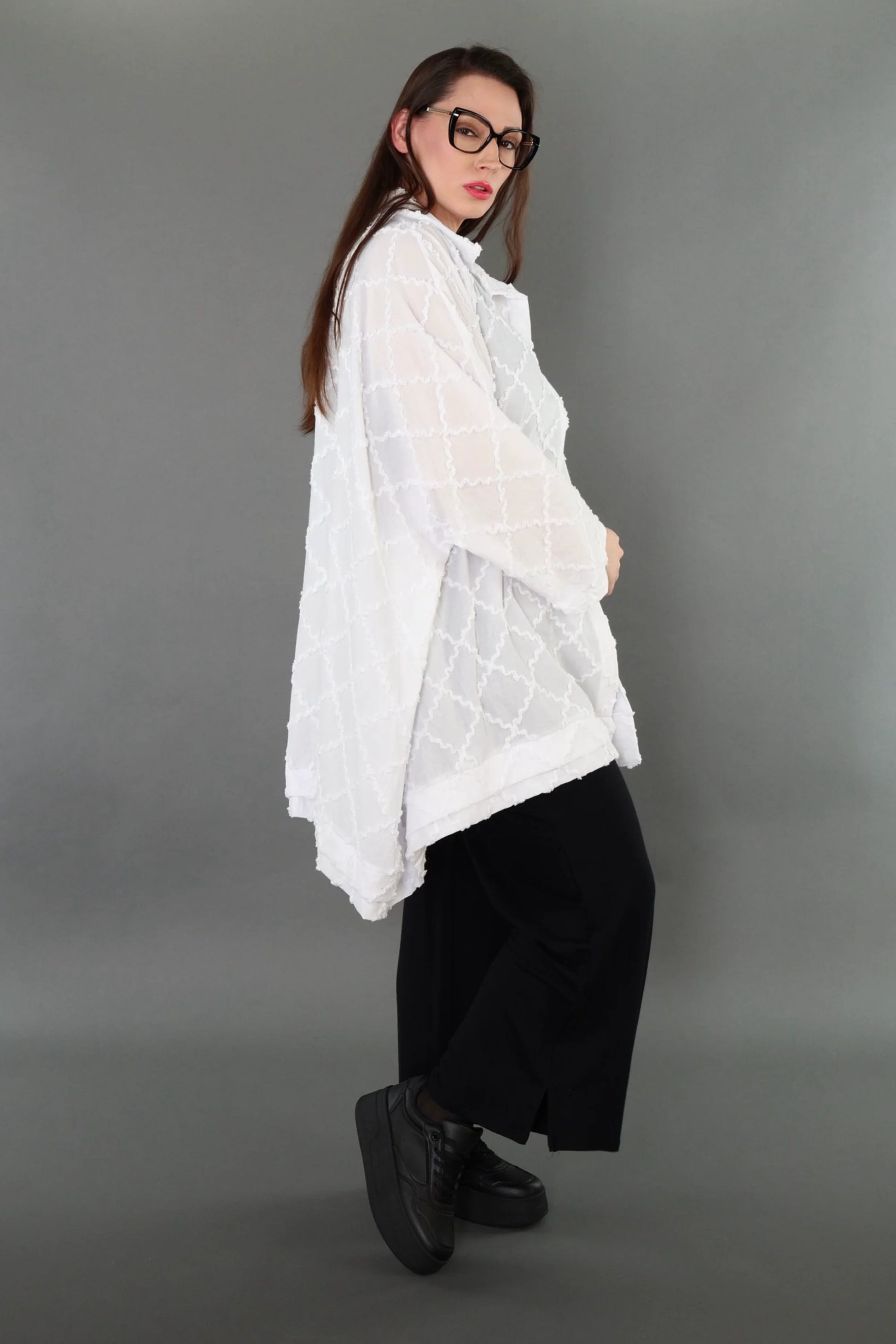  A-Form Bluse von AKH Premium aus Baumwolle, P1004.7110, Weiß, Raute, Ausgefallen, Zeitlos