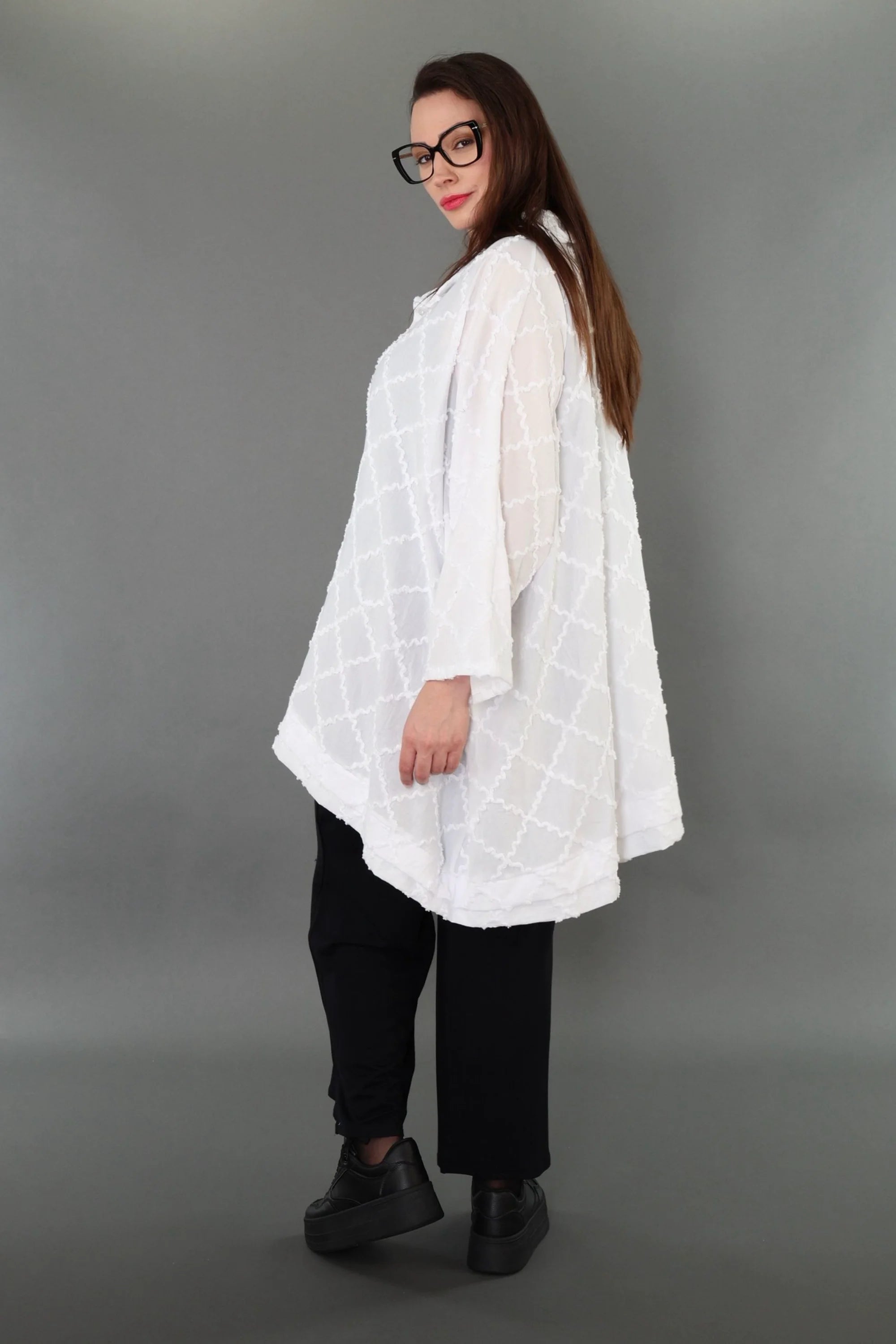  A-Form Bluse von AKH Premium aus Baumwolle, P1004.7110, Weiß, Raute, Ausgefallen, Zeitlos