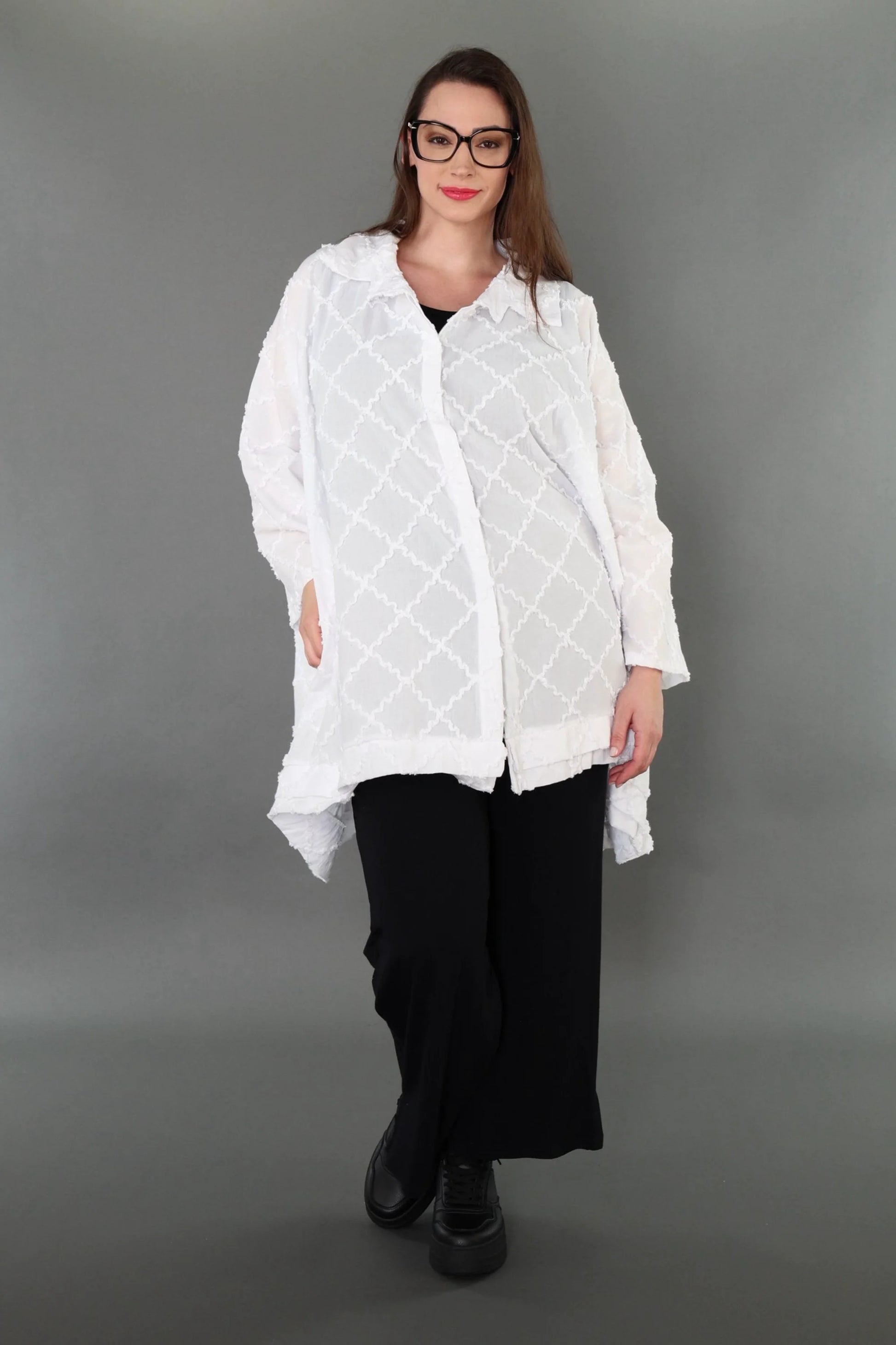  A-Form Bluse von AKH Premium aus Baumwolle, P1004.7110, Weiß, Raute, Ausgefallen, Zeitlos