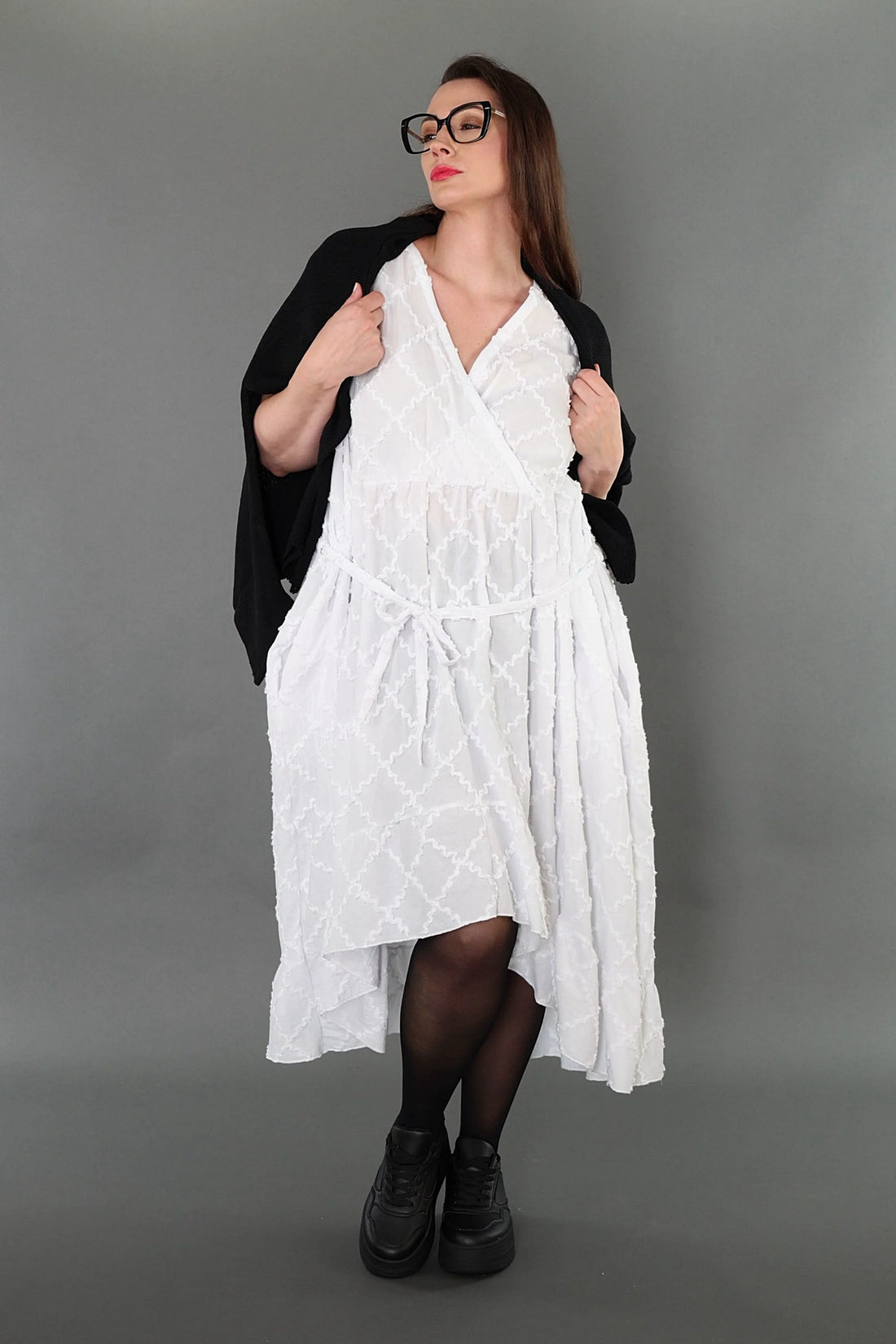  A-Form Kleid von AKH Premium aus Baumwolle, P1004.7115, Weiß, Raute, Ausgefallen, Zeitlos
