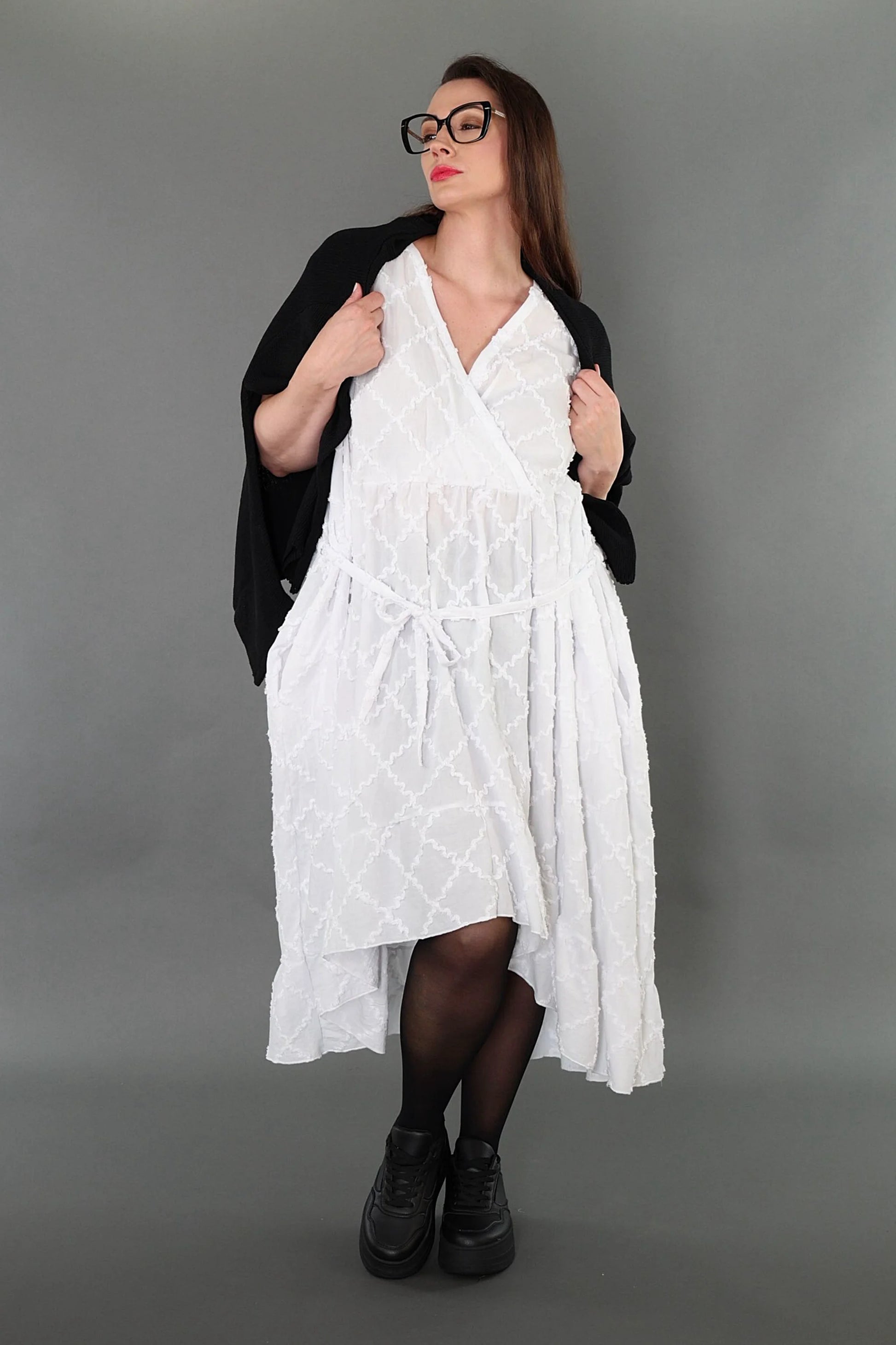  A-Form Kleid von AKH Premium aus Baumwolle, P1004.7115, Weiß, Raute, Ausgefallen, Zeitlos