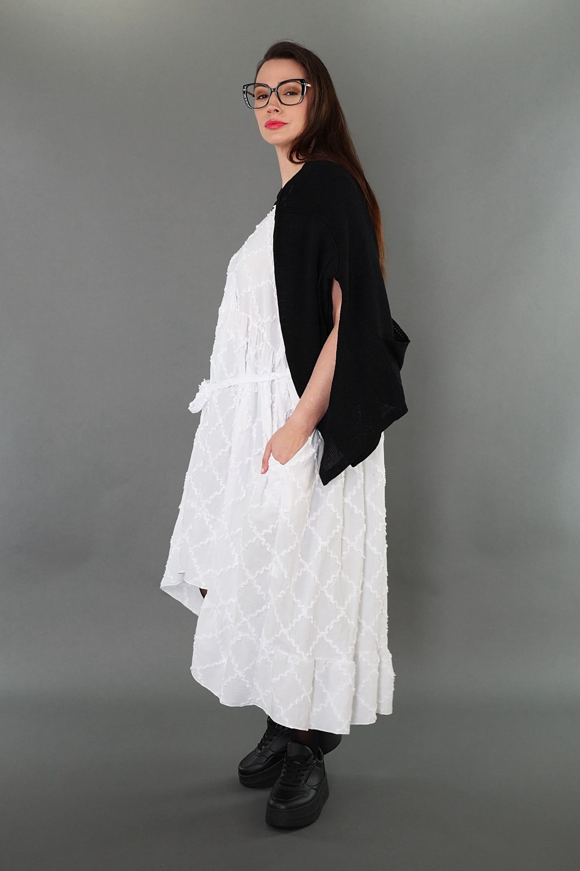  A-Form Kleid von AKH Premium aus Baumwolle, P1004.7115, Weiß, Raute, Ausgefallen, Zeitlos