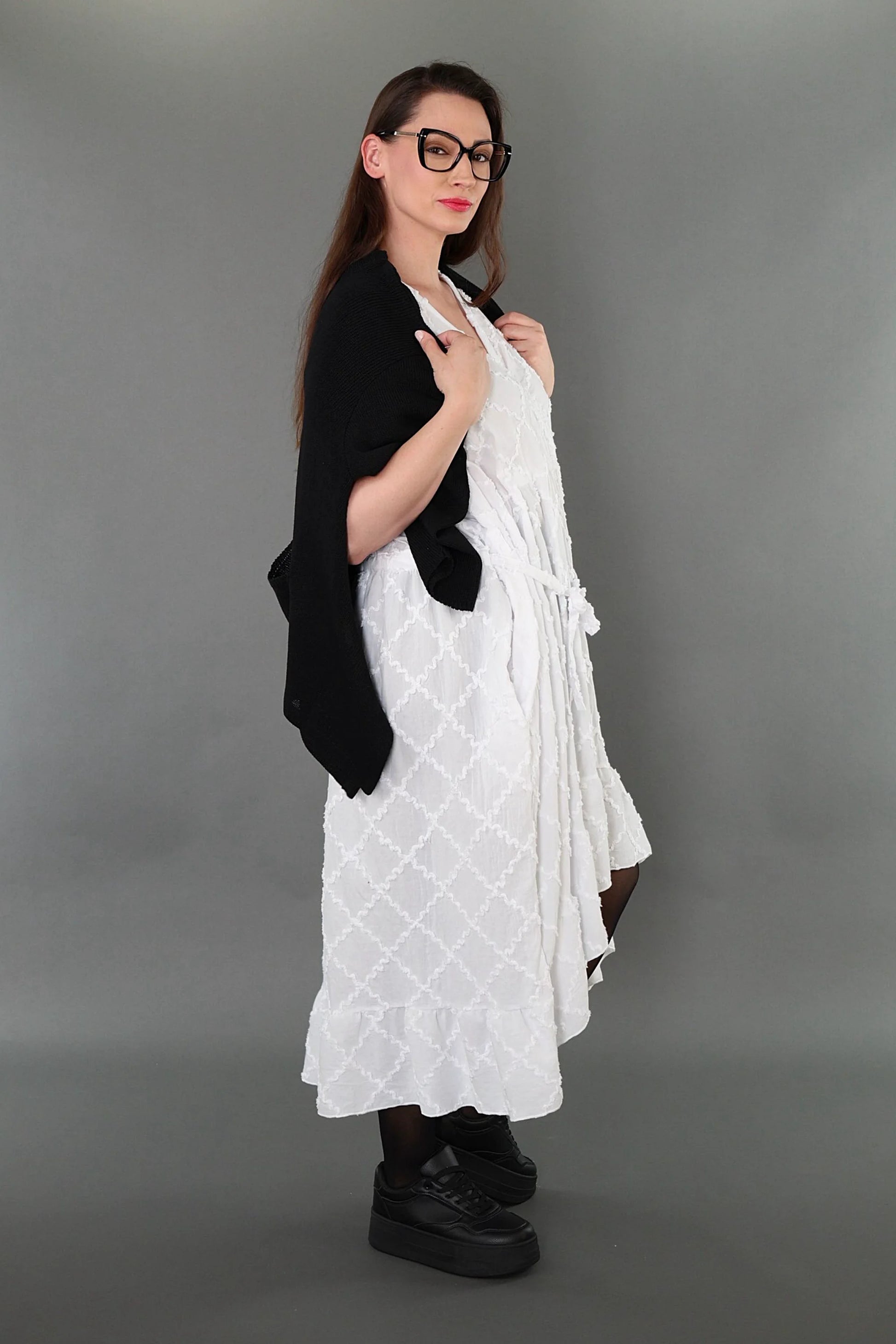  A-Form Kleid von AKH Premium aus Baumwolle, P1004.7115, Weiß, Raute, Ausgefallen, Zeitlos