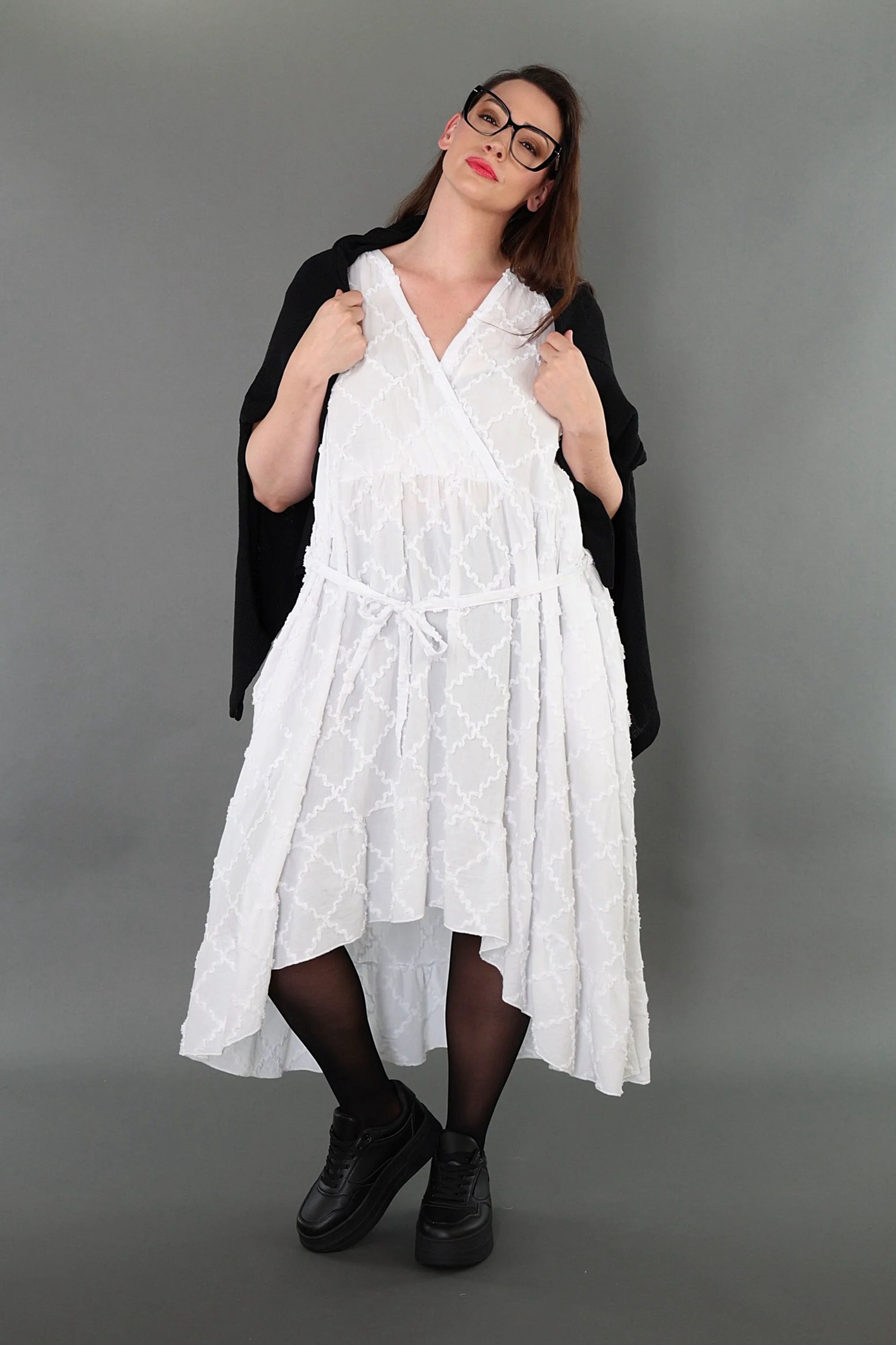 A-Form Kleid von AKH Premium aus Baumwolle, P1004.7115, Weiß, Raute, Ausgefallen, Zeitlos