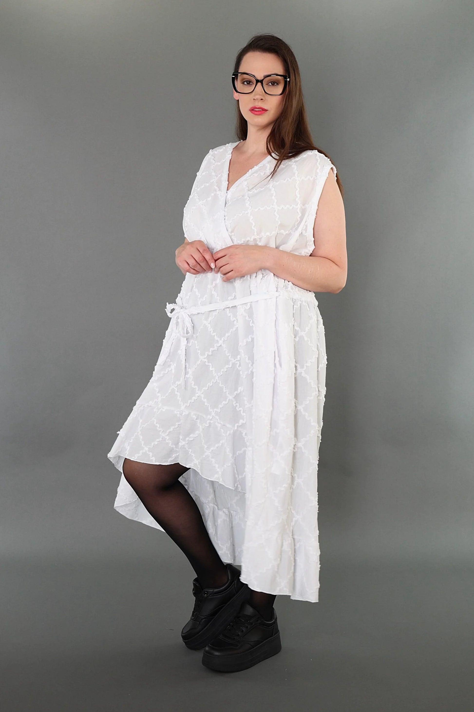  A-Form Kleid von AKH Premium aus Baumwolle, P1004.7115, Weiß, Raute, Ausgefallen, Zeitlos