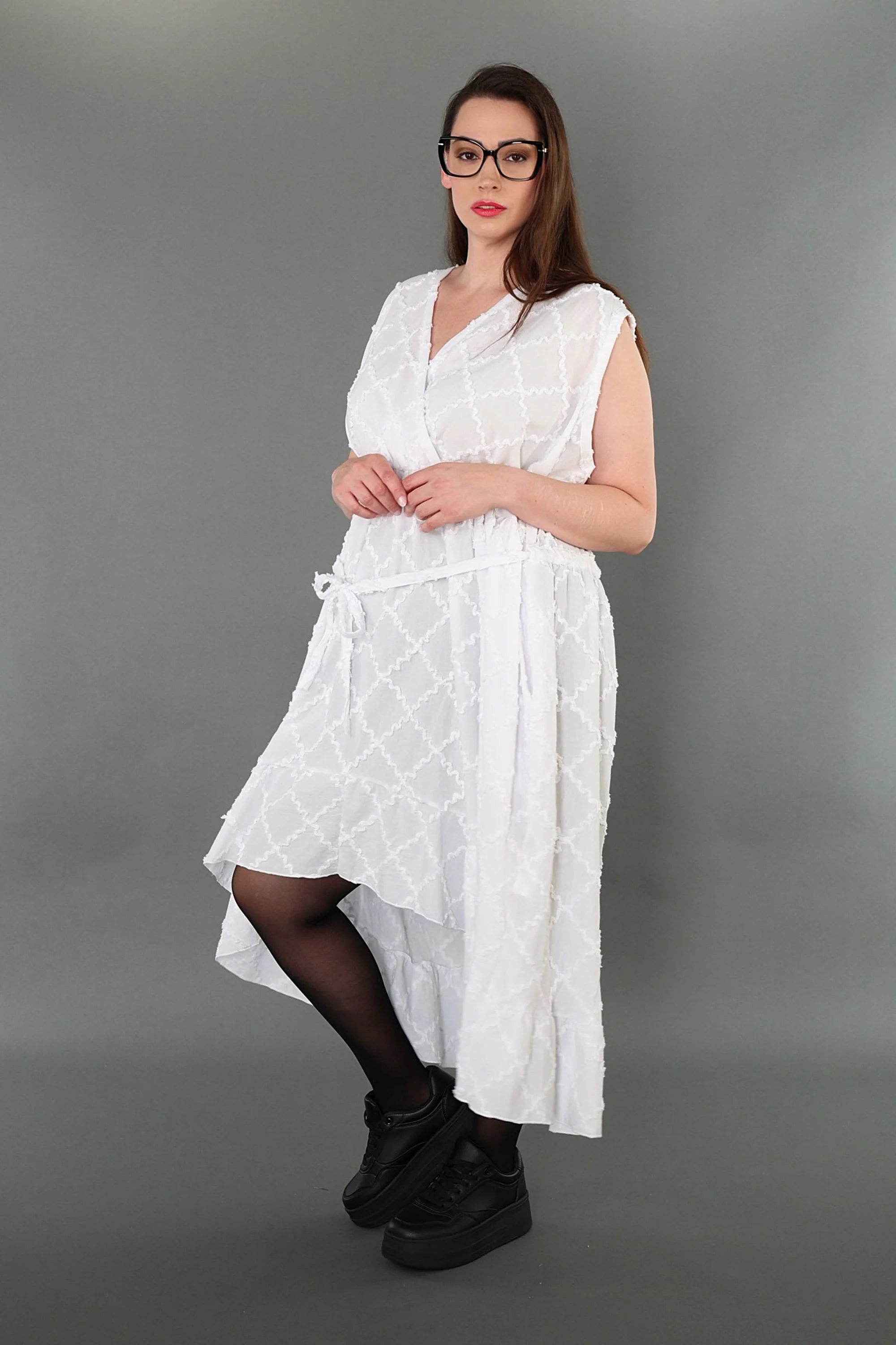  A-Form Kleid von AKH Premium aus Baumwolle, P1004.7115, Weiß, Raute, Ausgefallen, Zeitlos