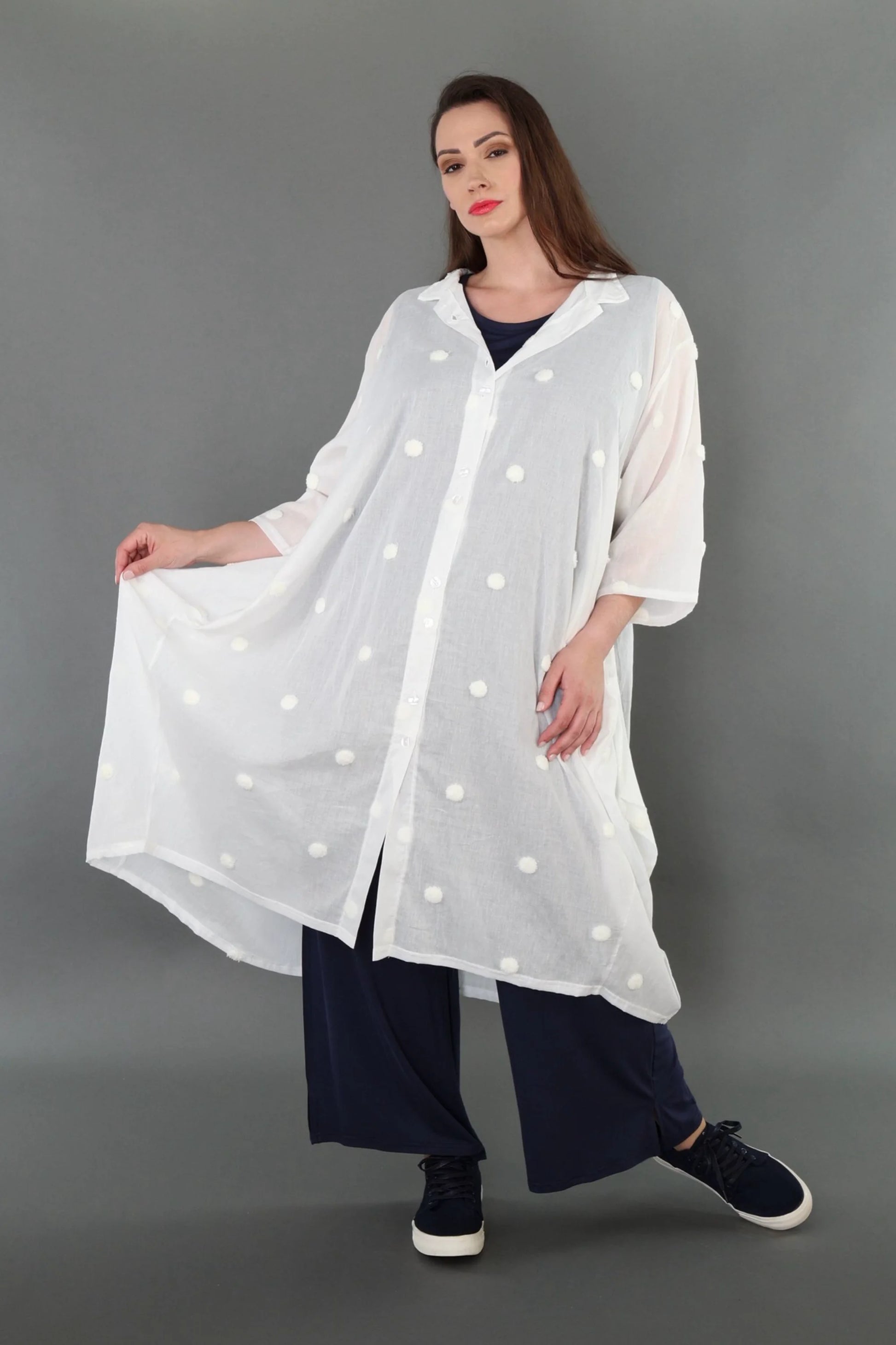  Ballon Bluse von AKH Premium aus Baumwolle, P1005.7117, Weiß, Punkte, Ausgefallen, Zeitlos