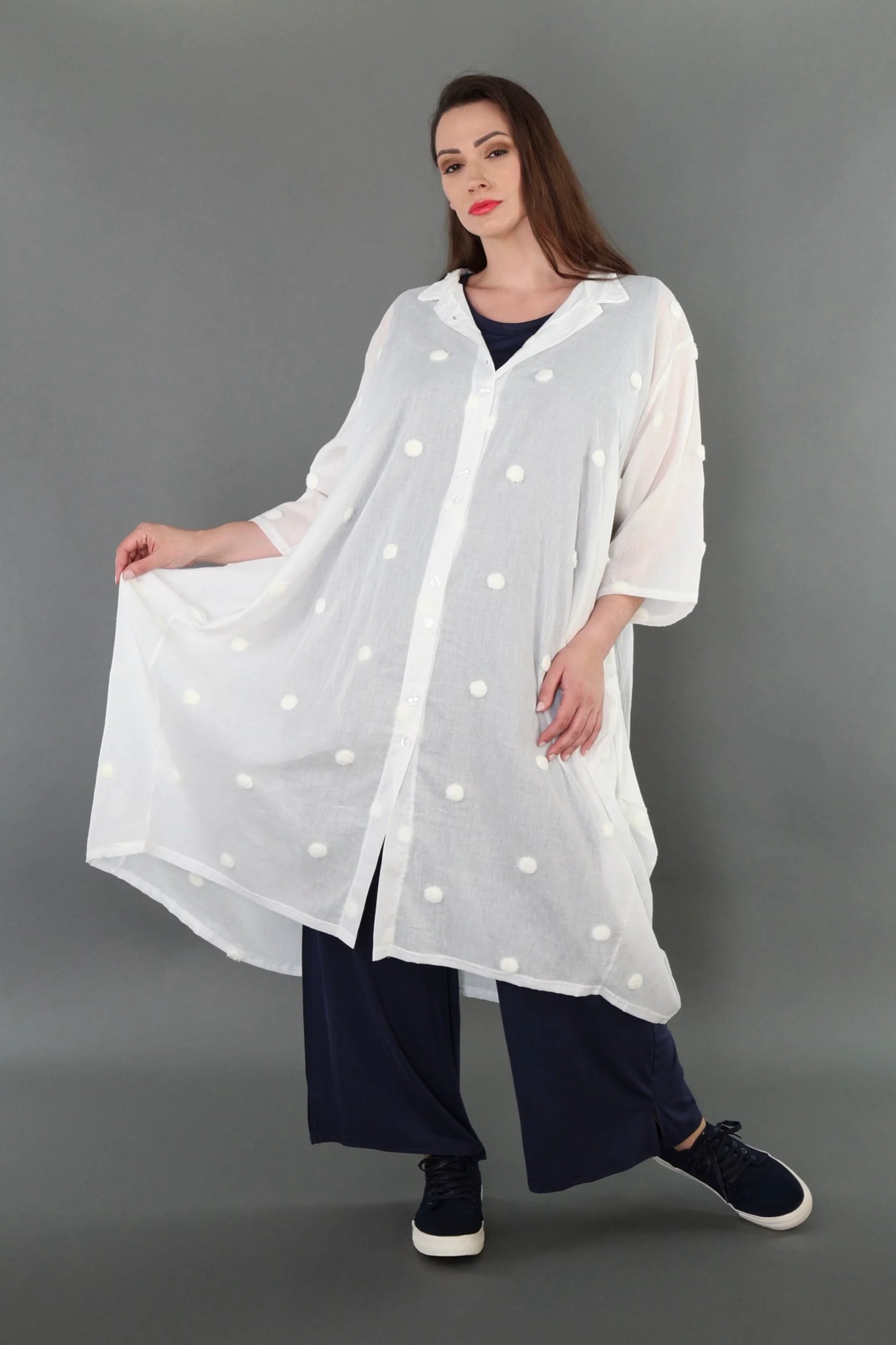  Ballon Bluse von AKH Premium aus Baumwolle, P1005.7117, Weiß, Punkte, Ausgefallen, Zeitlos