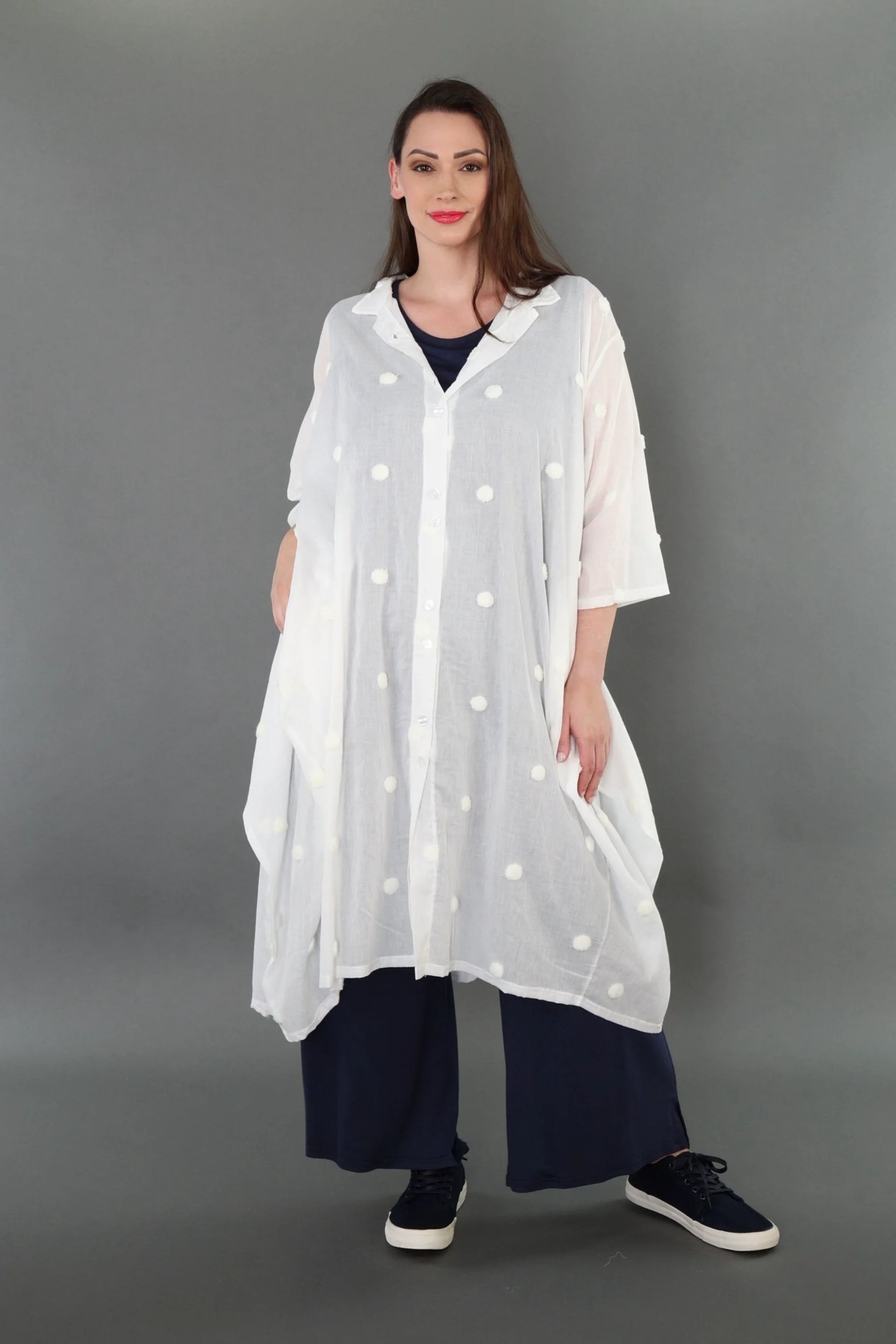  Ballon Bluse von AKH Premium aus Baumwolle, P1005.7117, Weiß, Punkte, Ausgefallen, Zeitlos
