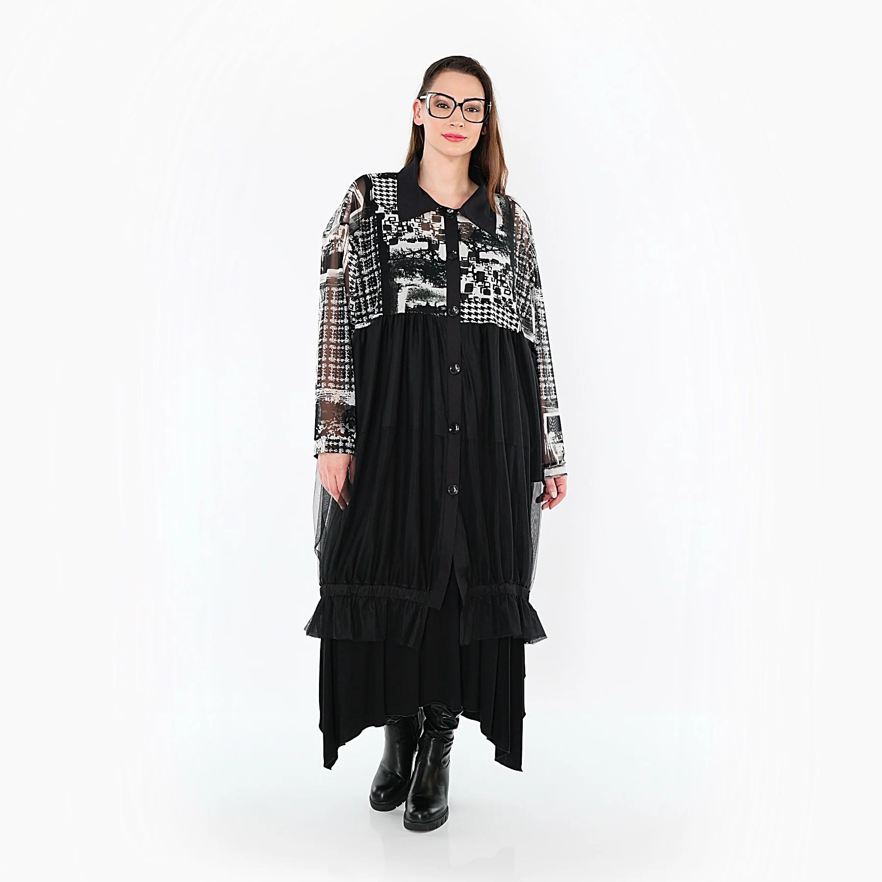  A-Form Weste von AKH Premium aus Viskose, P1011.7120, Schwarz/Weiß/Grau, Kringel, Schick