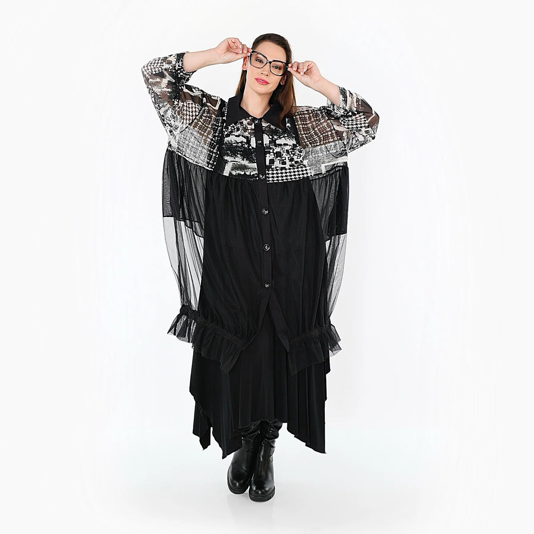  A-Form Weste von AKH Premium aus Viskose, P1011.7120, Schwarz/Weiß/Grau, Kringel, Schick