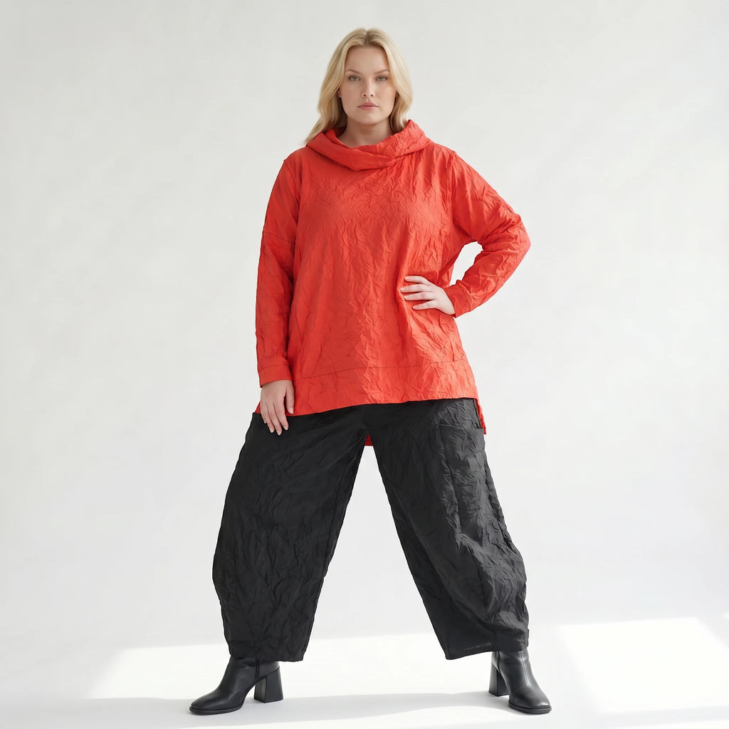 Oversize Lagenlook Shirt mit luftigem Crash-Effekt, geradem Schnitt und Rollkragen, Rot