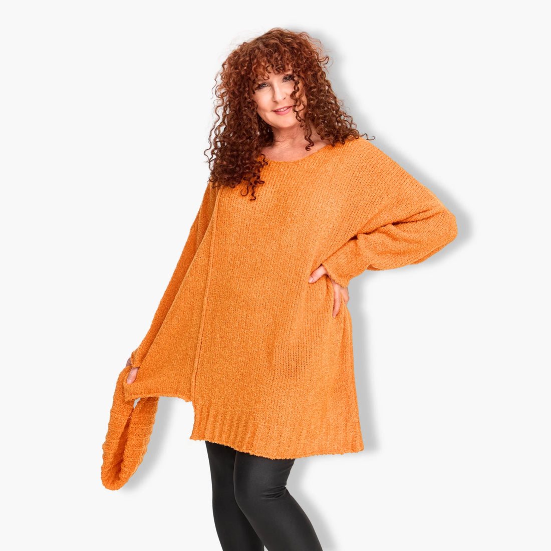  Modischer A-Form Pullover in strahlendem Orange aus weichem Bouclé, passender Schal inklusive