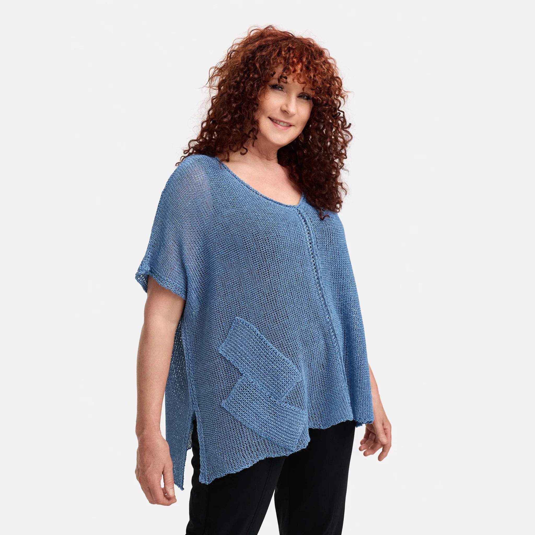  Amandine Pullover in kastiger Form, aus Baumwolle, A2801, Jeansblau, Schick, Modern