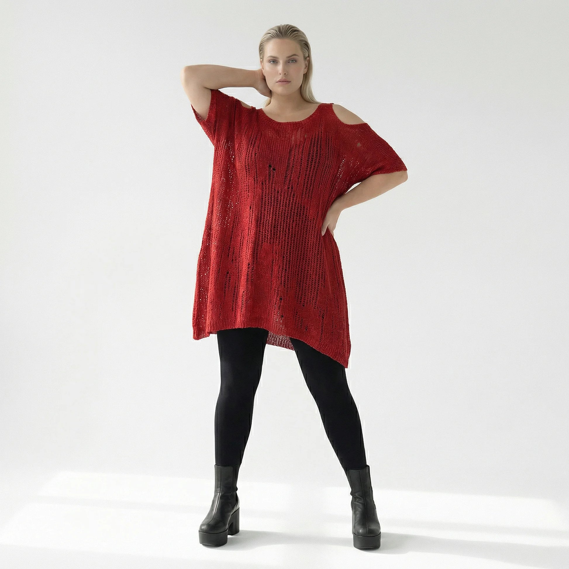  Amandine Pullover in kastiger Form, aus Baumwolle, A2807, Rot, Schick, Modern, Bequem