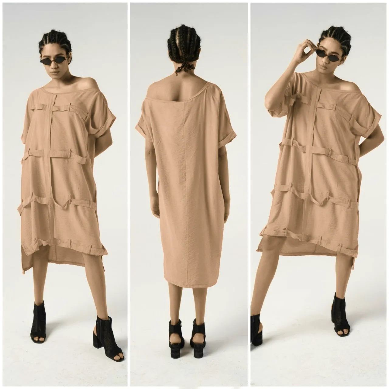  Bukezy Kleid in gerader Form, aus Baumwolle, 1654, Beige, Ausgefallen, Zeitlos, Schick