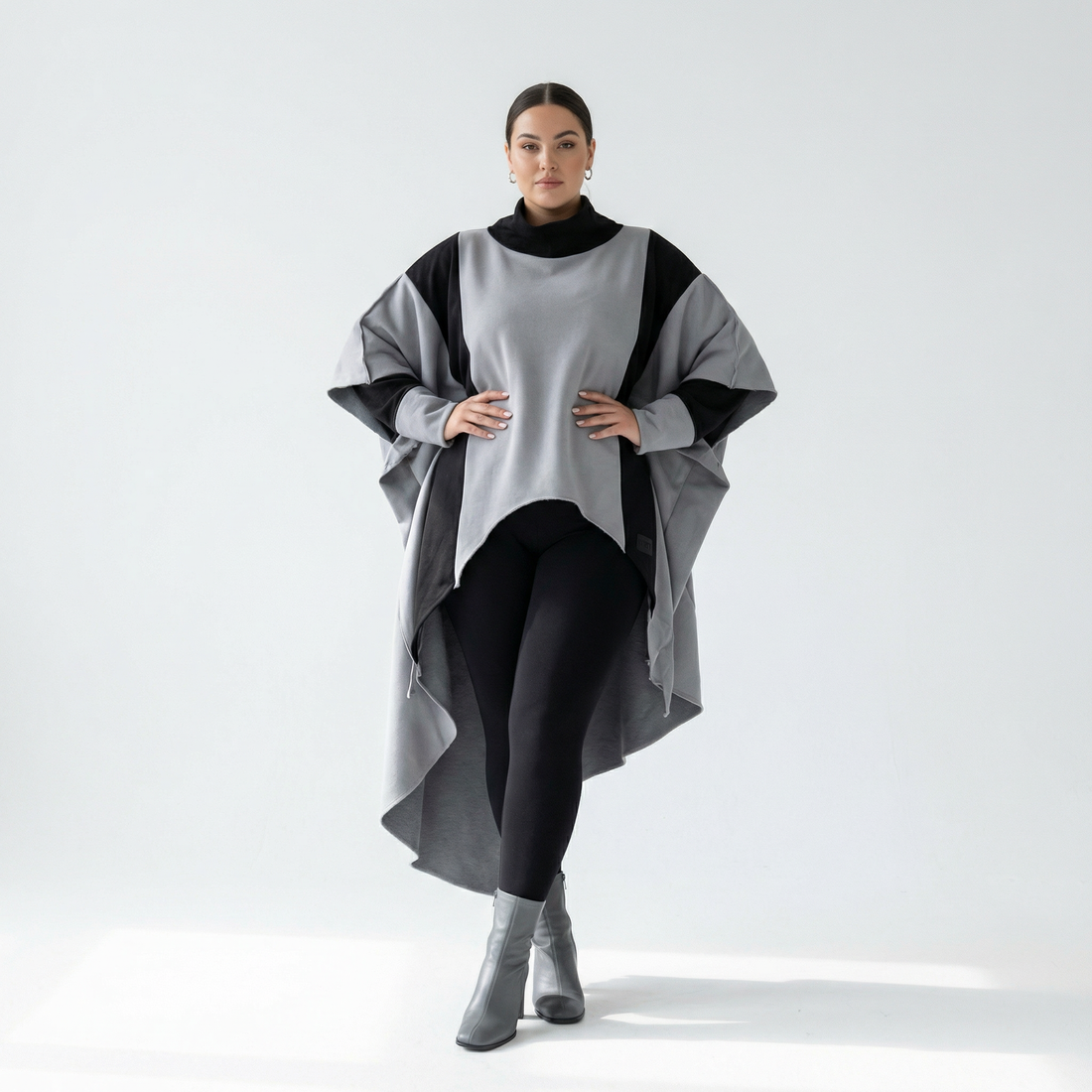  Bukezy Tunika in Vokuhila-Form, aus Baumwolle, 2004, Grau/Schwarz, Ausgefallen, Zeitlos