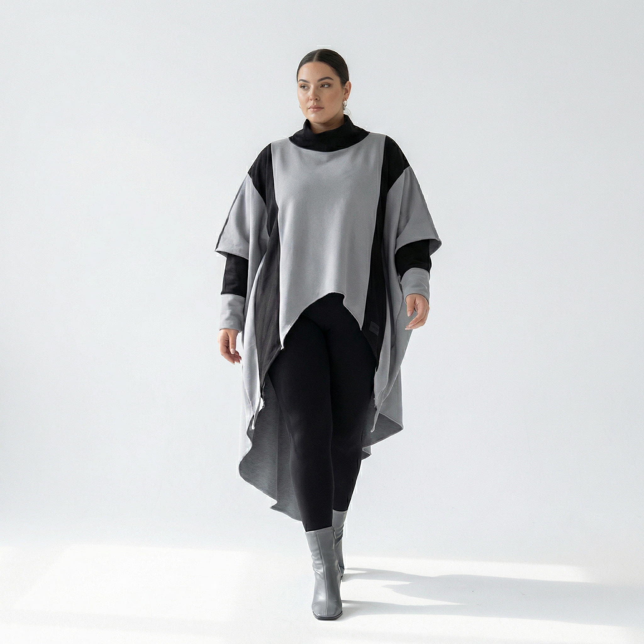  Bukezy Tunika in Vokuhila-Form, aus Baumwolle, 2004, Grau/Schwarz, Ausgefallen, Zeitlos