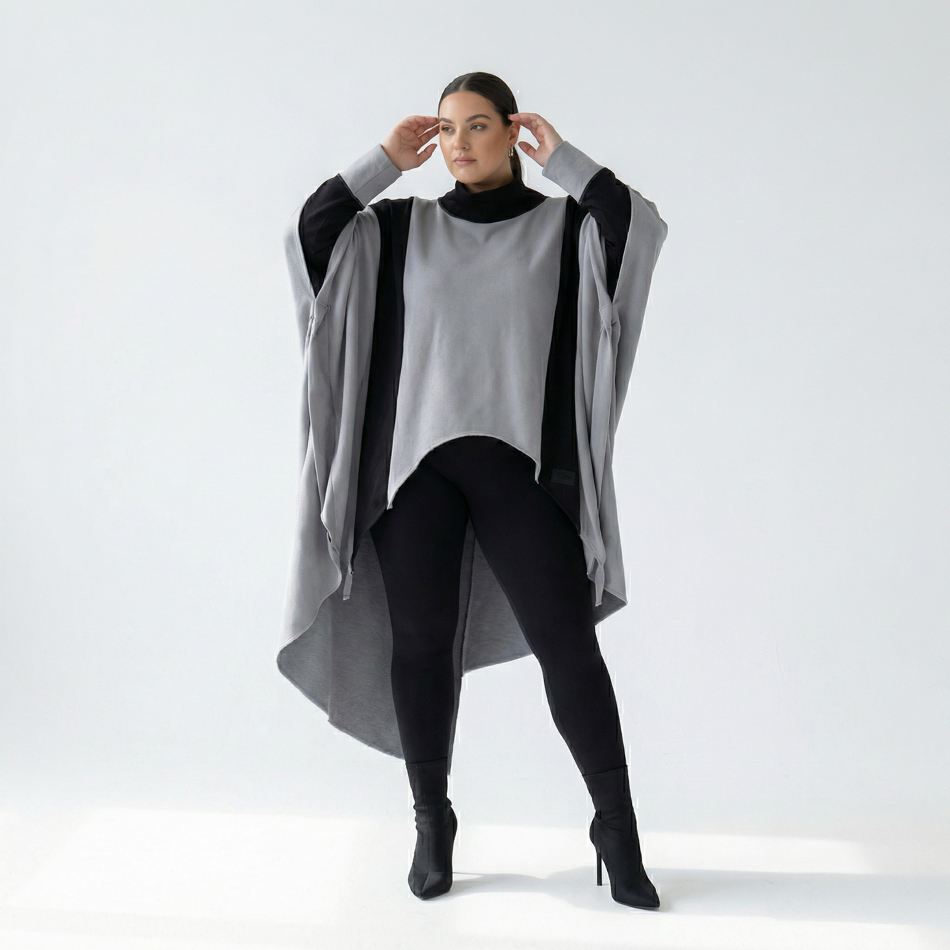  Bukezy Tunika in Vokuhila-Form, aus Baumwolle, 2004, Grau/Schwarz, Ausgefallen, Zeitlos