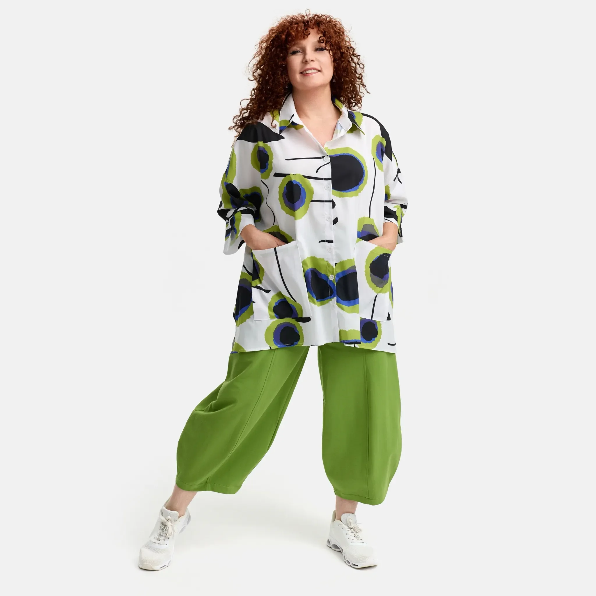  Do Your Best Bluse in gerader Form, aus Baumwolle, D919, Weiß/Grün, Abstrakt, Schick