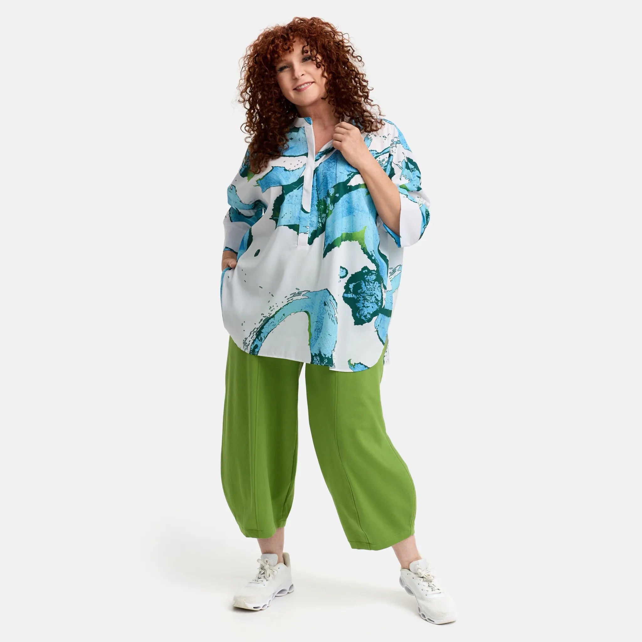  Bluse von Do Your Best aus Baumwolle, D920, Weiß/Türkis, Abstrakt, Schick, Modern, Bequem