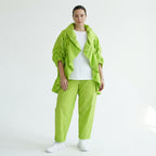 Cadrelli Damen Zweiteiler Neon-Limette – Jacke & Hose aus Viskose, EU 38/48, Oversize, Lagenlook, Made in Turkey