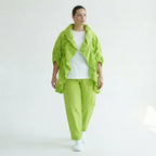 Cadrelli Damen Zweiteiler Neon-Limette – Jacke & Hose aus Viskose, EU 38/48, Oversize, Lagenlook, Made in Turkey