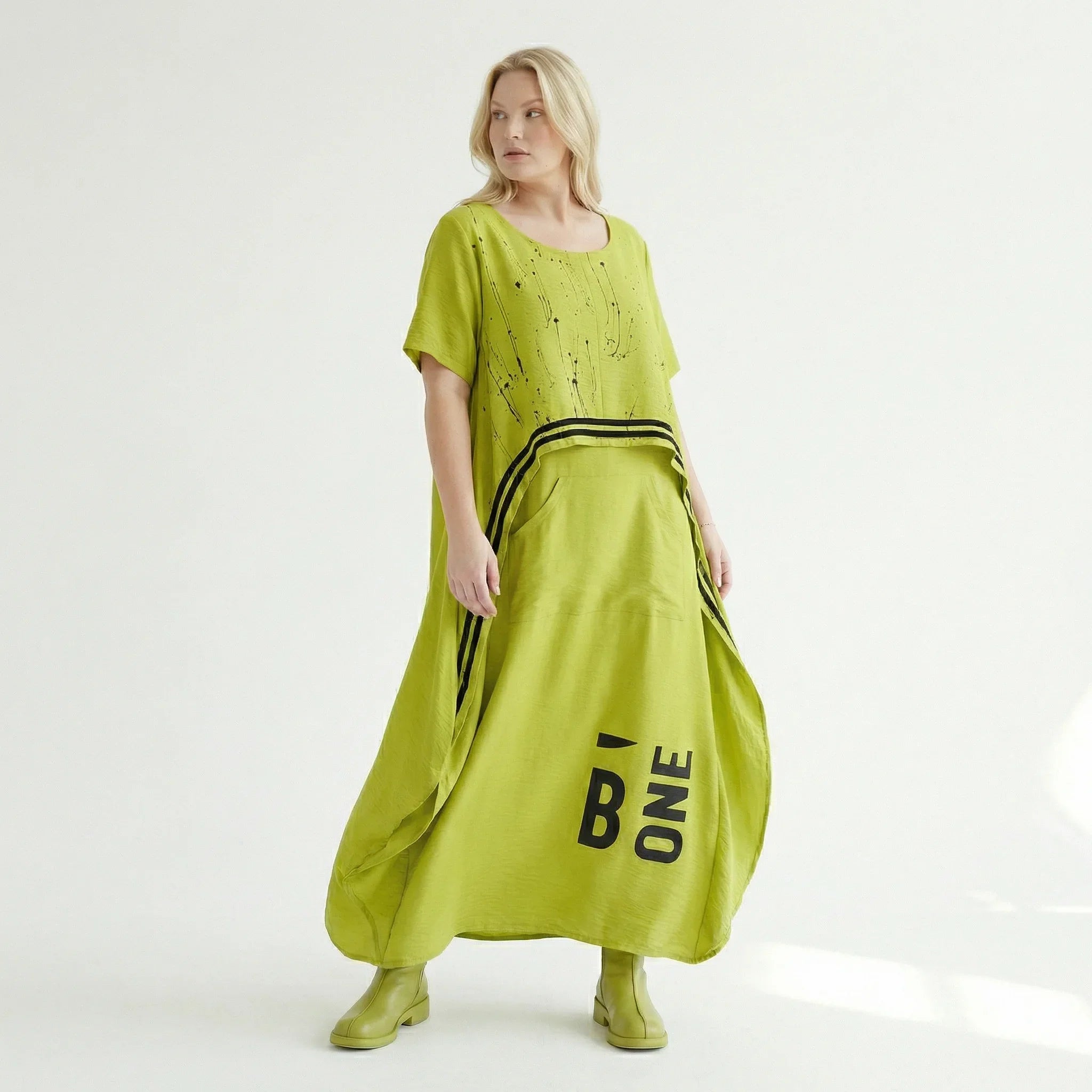 Avantgarde Kleid Damen B-ONE Neon Chartreuse Schwarz Print Baumwolle Oversized EU 40 bis 50 Maxikleid Statement