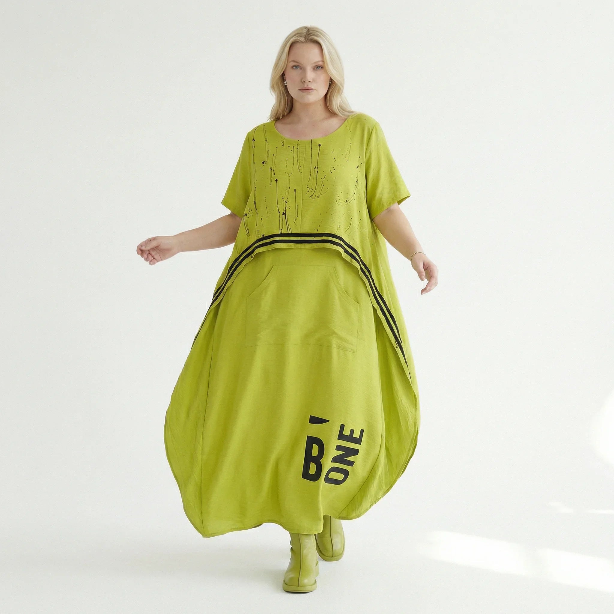Avantgarde Kleid Damen B-ONE Neon Chartreuse Schwarz Print Baumwolle Oversized EU 40 bis 50 Maxikleid Statement