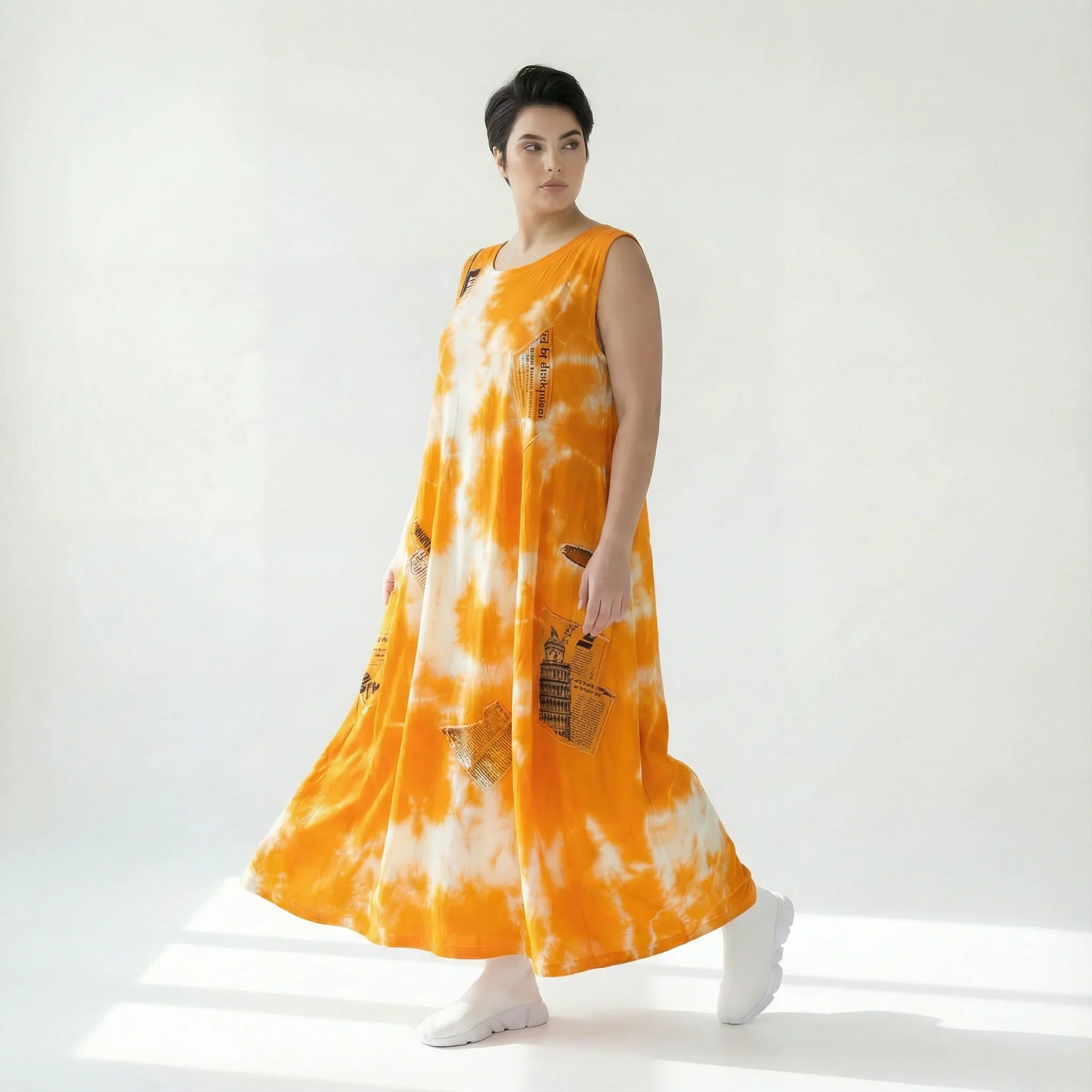 B-ONE Damen Batik Maxikleid Orange Weiß aus Baumwolle, Made in Türkei, Größen EU 36/46, Sommerkleid Avantgarde