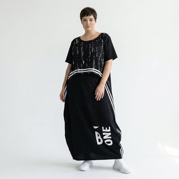 Avantgarde Kleid Damen B-ONE Schwarz Weiß Print Baumwolle locker mit Taschen EU 40 bis 50 Maxikleid Oversize