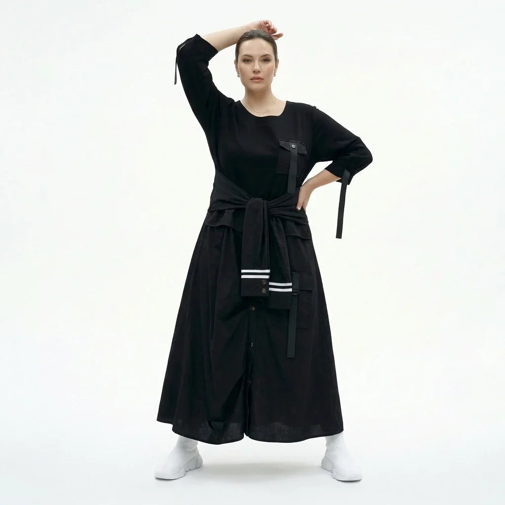 Schwarzes Damen Kleid in Oversize mit Utility-Taschen und Bindegürtel – Übergangslook EU 40 bis 46, leicht & stilvoll, Popeline Crash