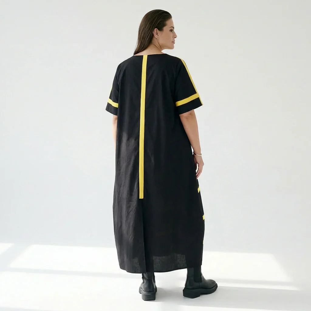 Cadrelli Damen Maxikleid schwarz gelb, Avantgarde Oversize Kleid aus Viskose-Lycra, EU 42 bis 54