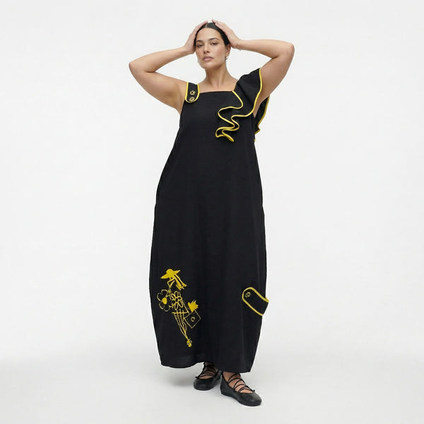 Damen Kleid schwarz-gelb LUANI Avantgarde Maxikleid aus Baumwolle, gelbe Details, EU 40 bis 48