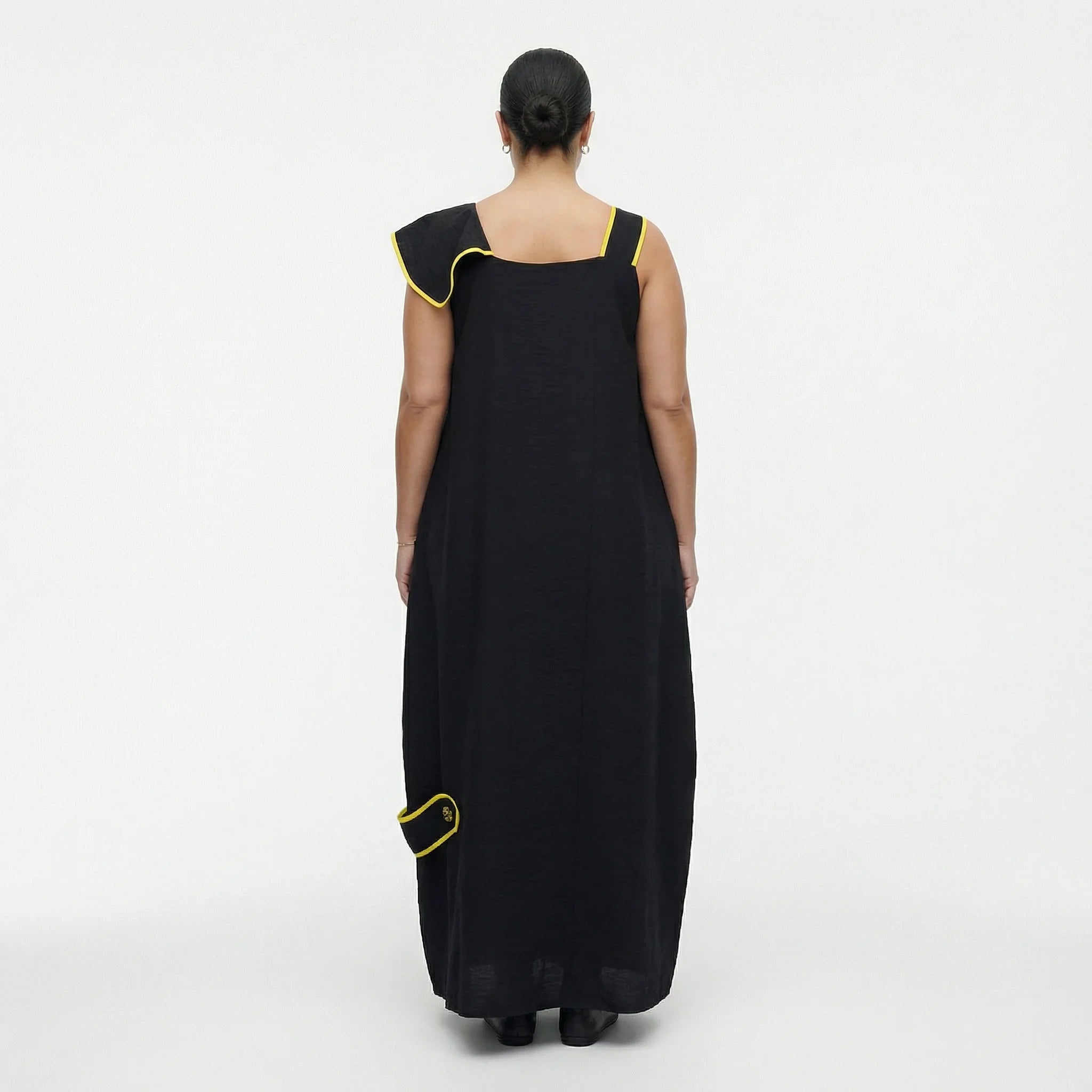 Damen Kleid schwarz-gelb LUANI Avantgarde Maxikleid aus Baumwolle, gelbe Details, EU 40 bis 48