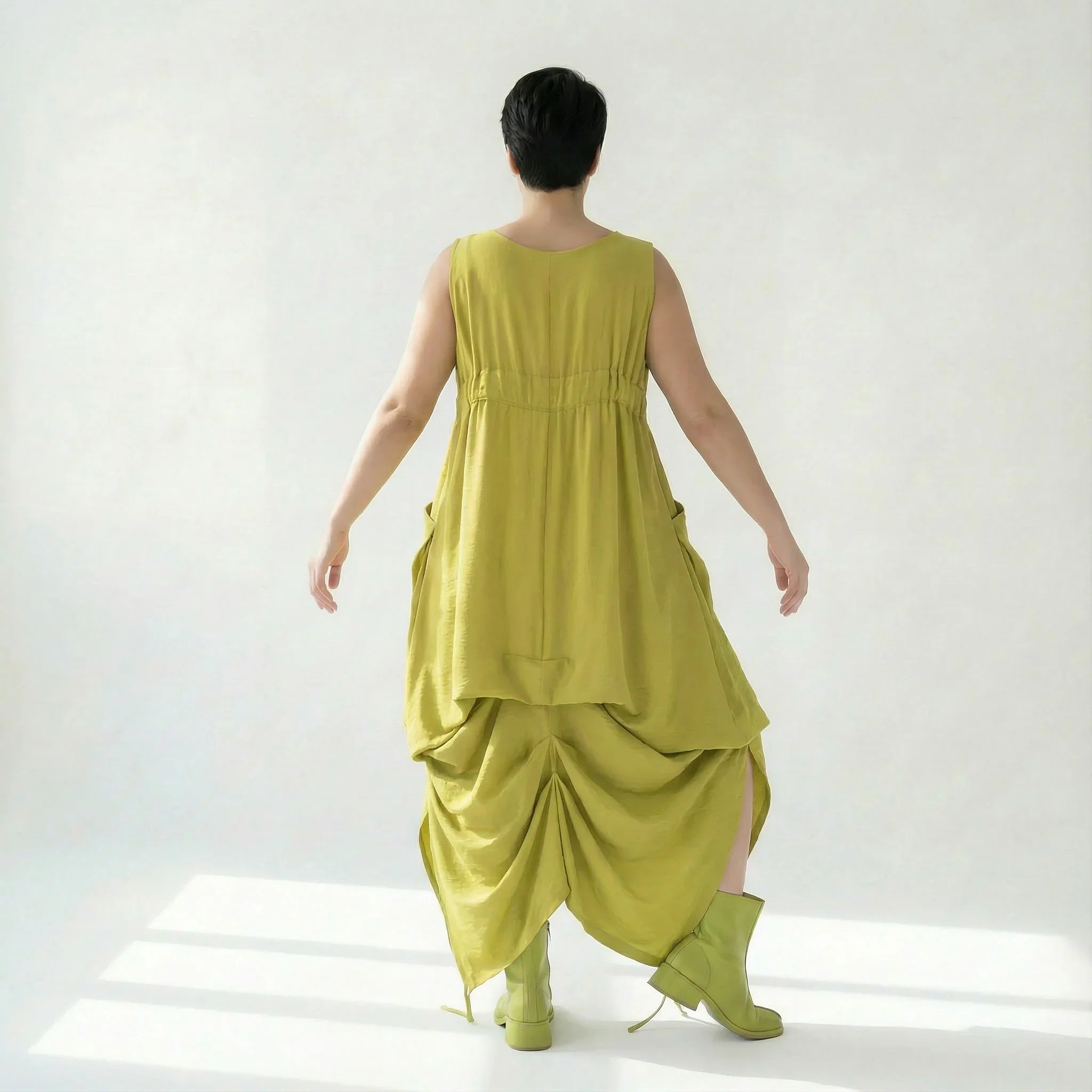 Caraclan Damen Kleid Chartreuse Viskose Baumwolle, Oversized Ballonschnitt, EU 38 bis 50 – Avantgarde Sommerkleid