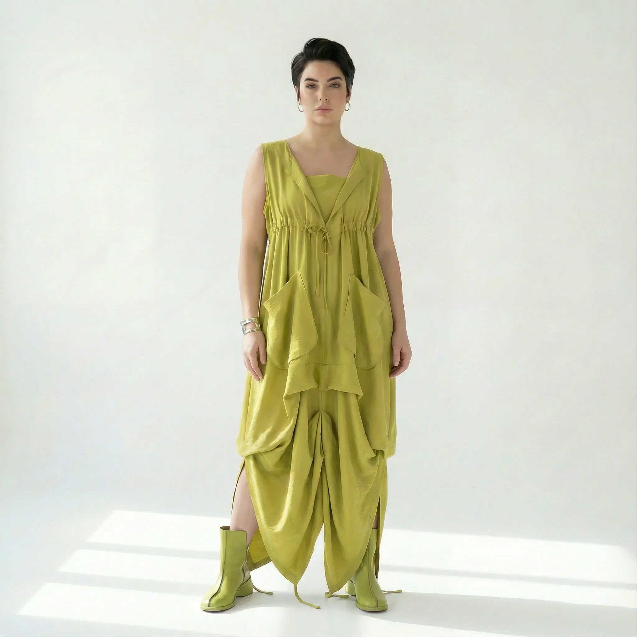 Caraclan Damen Kleid Chartreuse Viskose Baumwolle, Oversized Ballonschnitt, EU 38 bis 50 – Avantgarde Sommerkleid