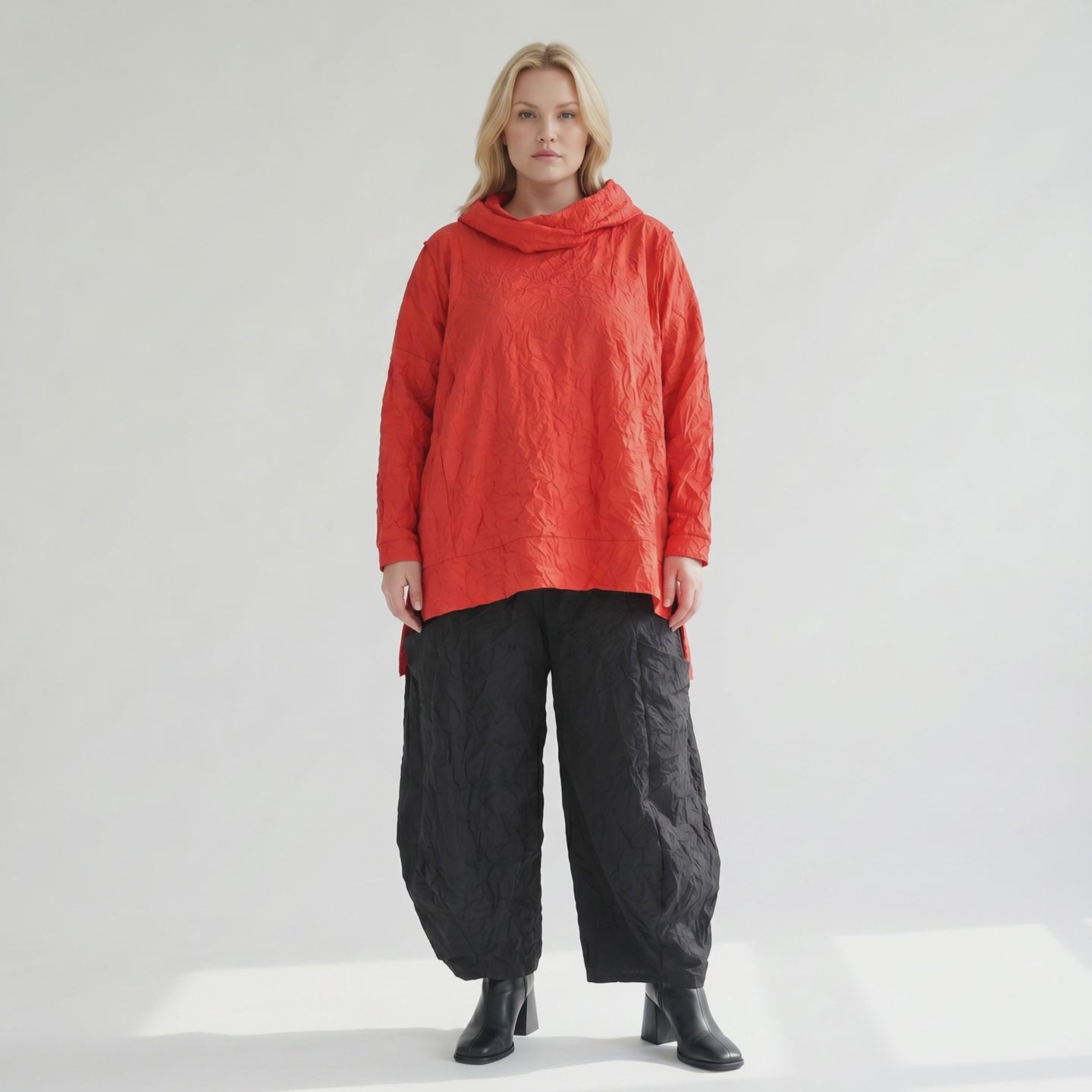 Oversize Lagenlook Shirt mit luftigem Crash-Effekt, geradem Schnitt und Rollkragen, Rot