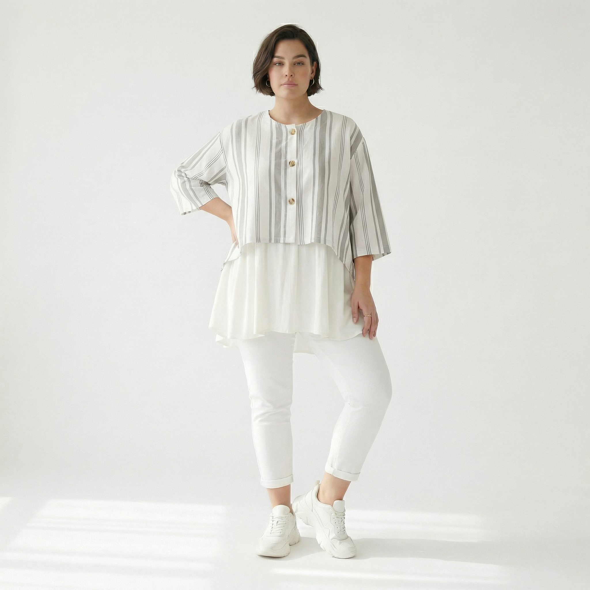 AKH Fashion Jacke in gerundeter Form, aus Baumwolle, 1420.00130, Weiß/Kiwi, Blockstreifen