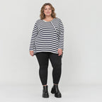 Langarmshirt Dunkelblau/Weiß aus weichem Stretchjersey in A-Linie mit Seitenschlitzen