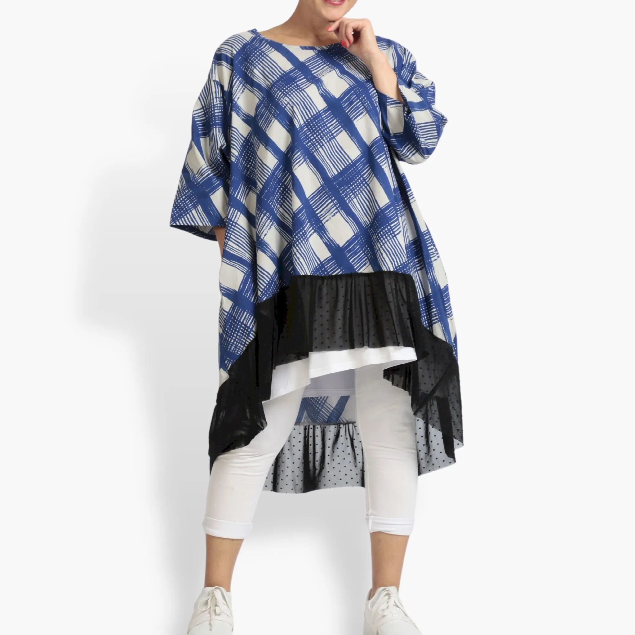  AKH Fashion Bigshirt in gerundeter Form, aus Viskose, 1089.06837, Blau-Grau, Kariert, Schick
