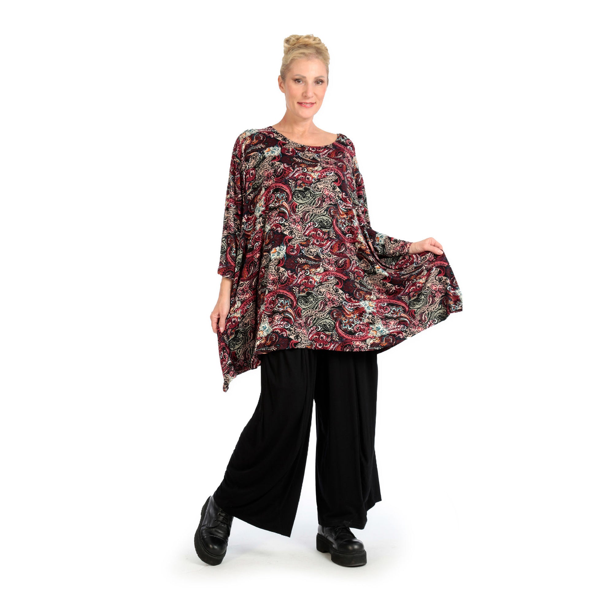  A-Form Shirt in rotem Paisley-Druck mit 7/8-Ärmeln für lässige Plus Size Outfits