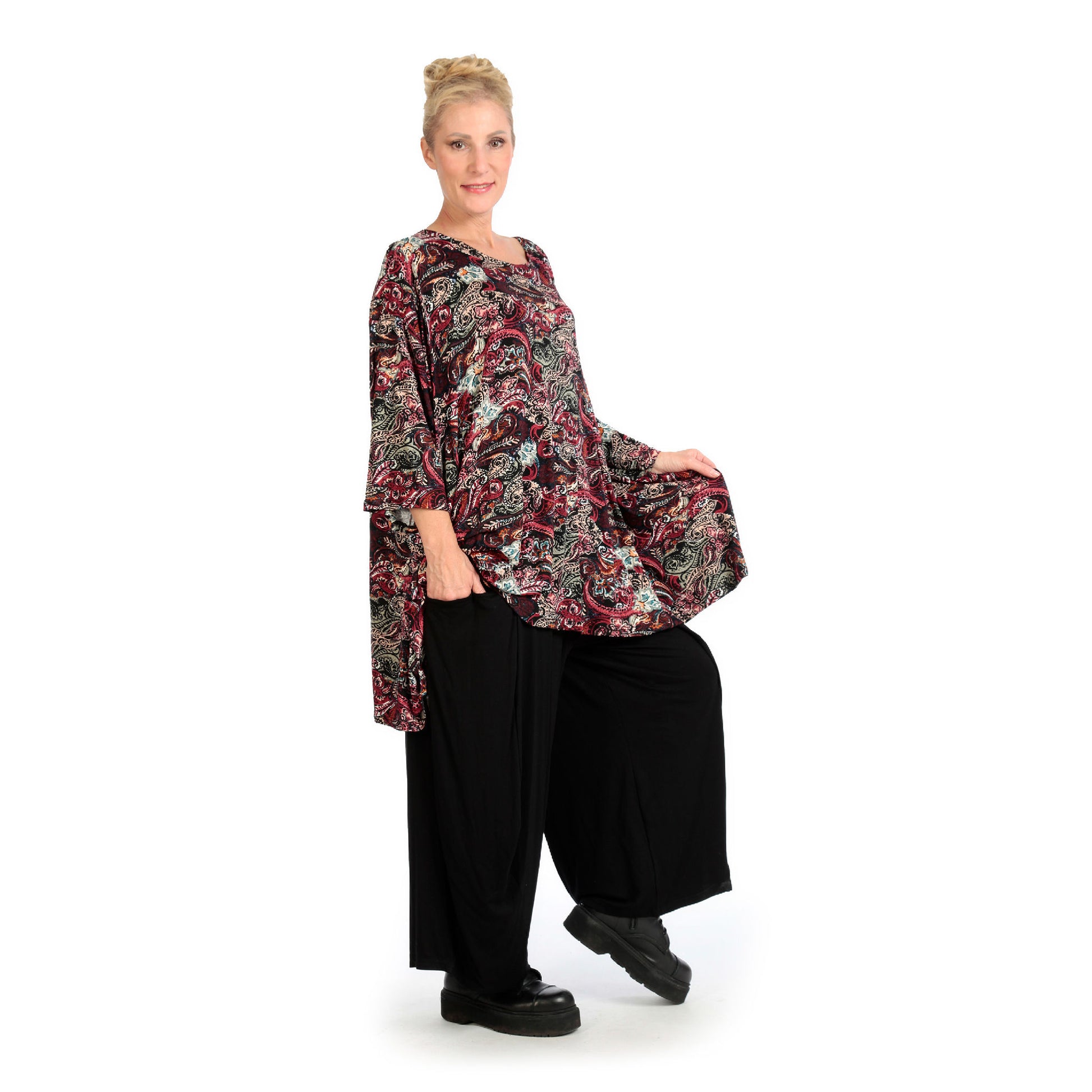  A-Form Shirt in rotem Paisley-Druck mit 7/8-Ärmeln für lässige Plus Size Outfits