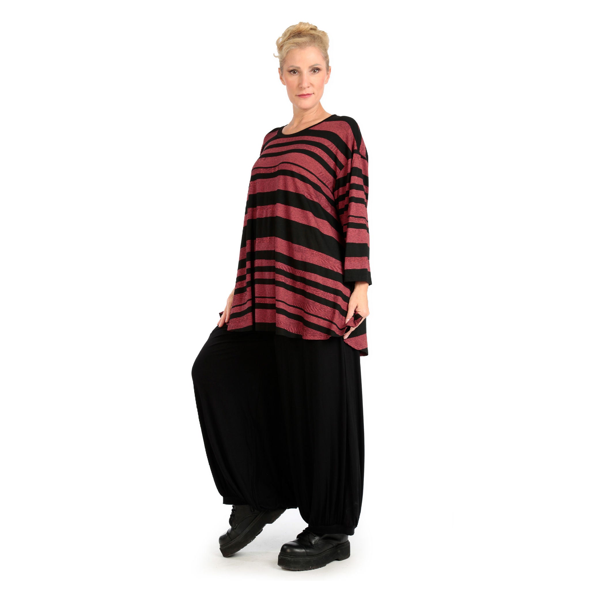  AKH Fashion Shirt in Glocken-Form, aus Viskose, 1128.01892, Rost-Schwarz, Blockstreifen