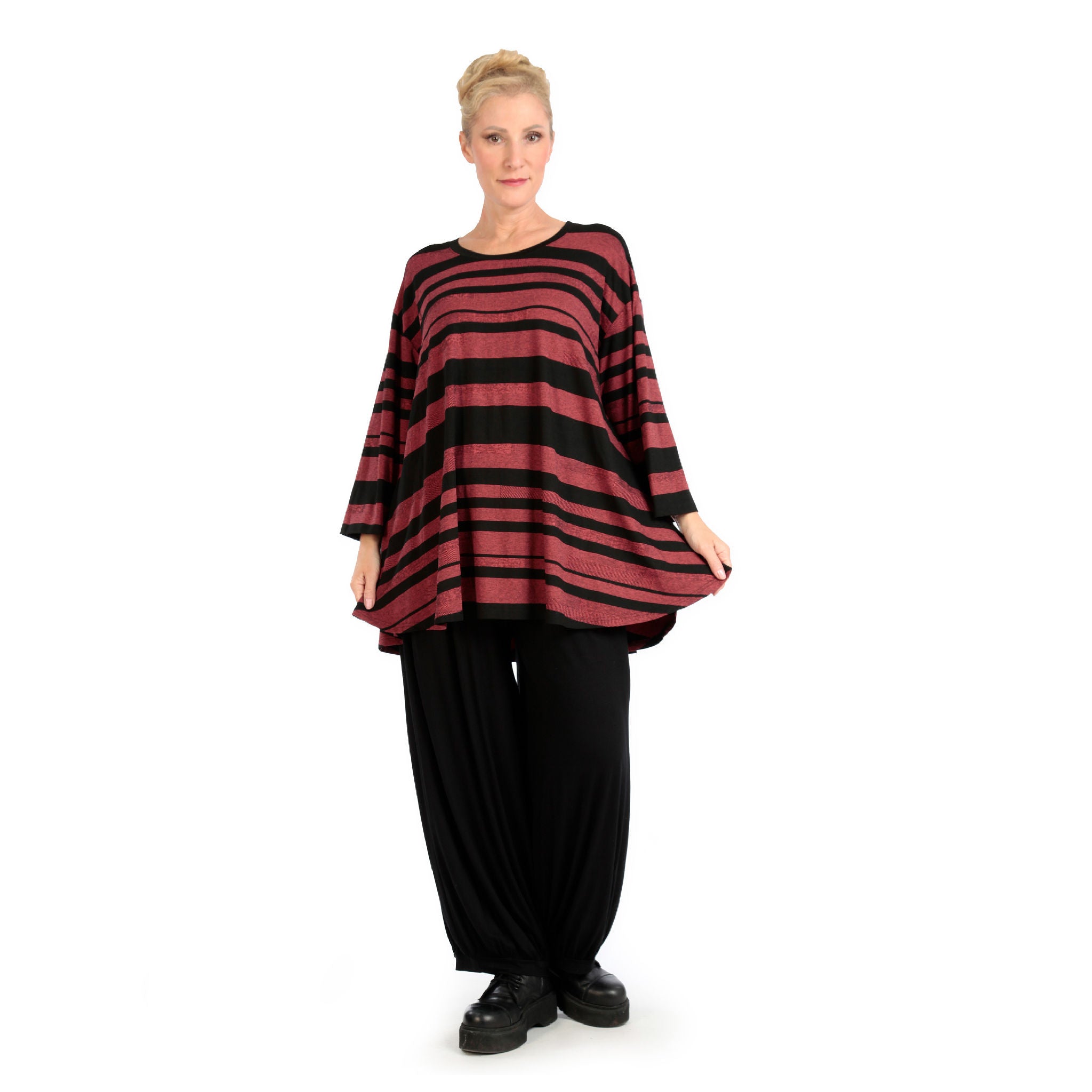  AKH Fashion Shirt in Glocken-Form, aus Viskose, 1128.01892, Rost-Schwarz, Blockstreifen