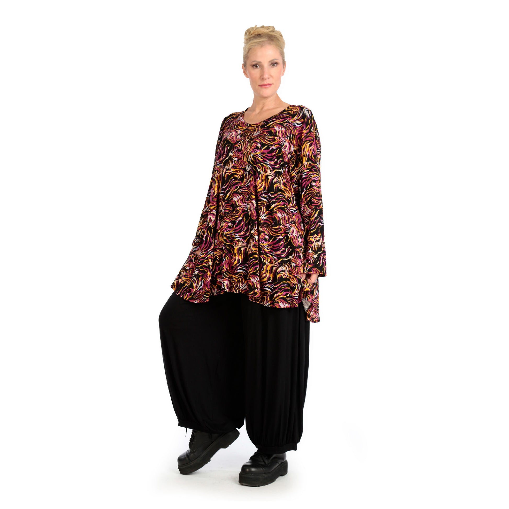  AKH Fashion Shirt in Glocken-Form, aus Viskose, 1130.01892, Schwarz-Fuchsia-Gelb