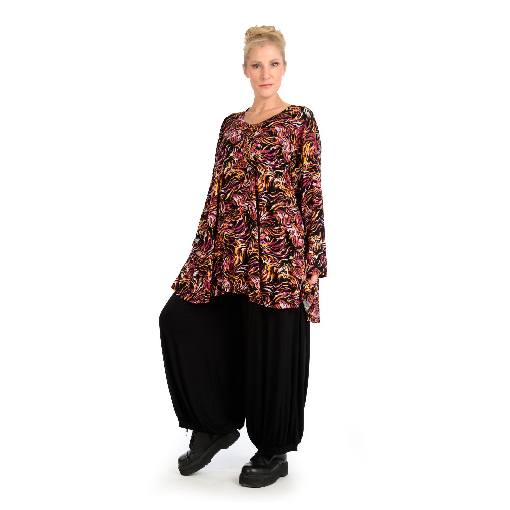  AKH Fashion Shirt in Glocken-Form, aus Viskose, 1130.01892, Schwarz-Fuchsia-Gelb